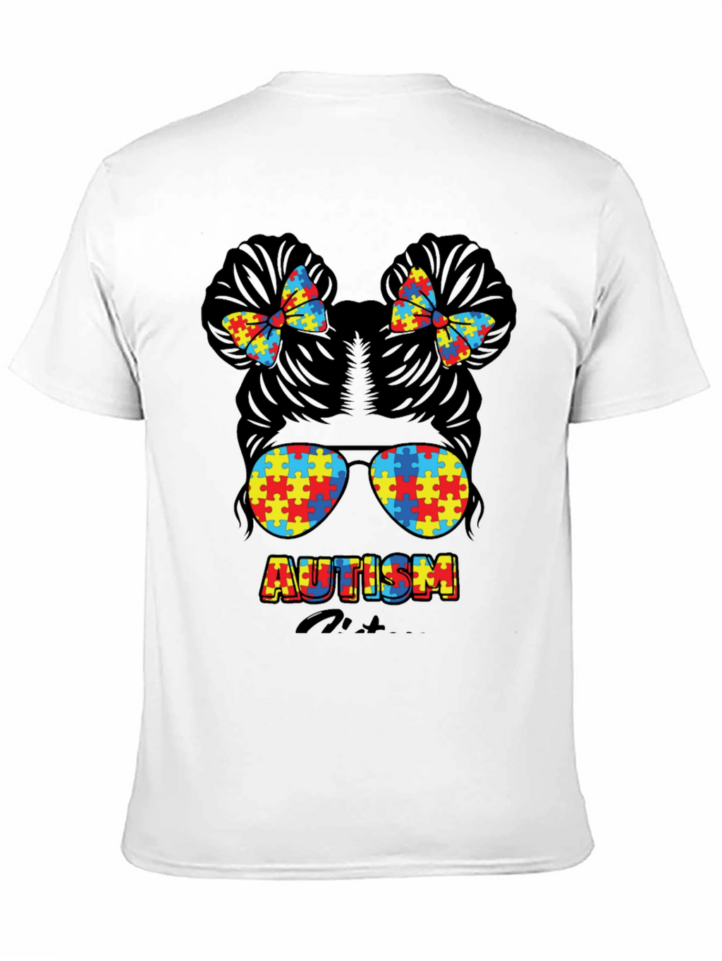 Autism Awareness Puzzle Piece Messy Bun T-Shirt