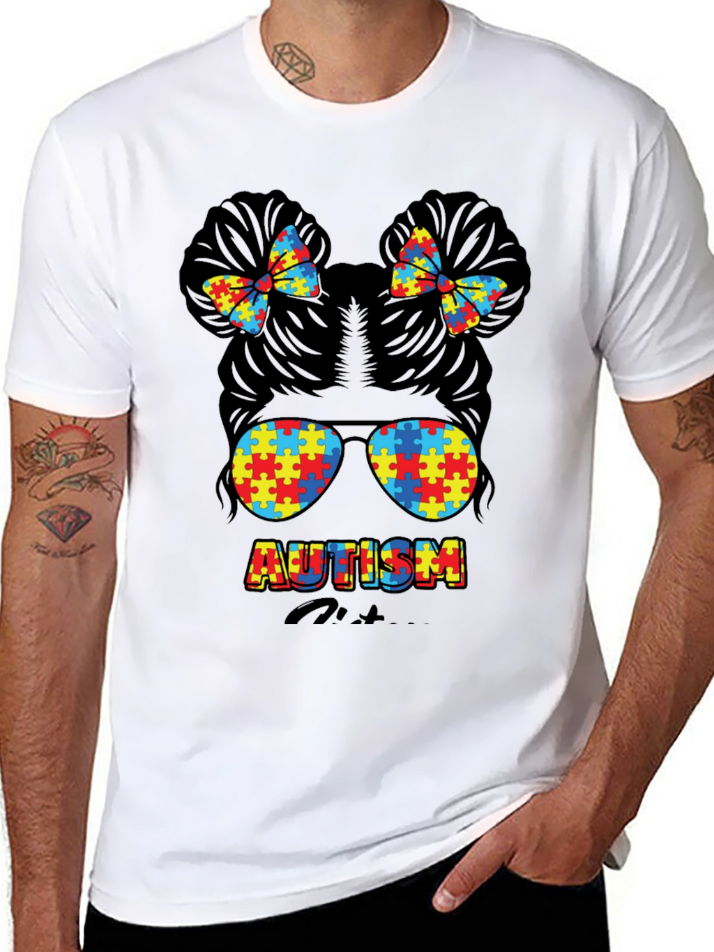 Autism Awareness Puzzle Piece Messy Bun T-Shirt