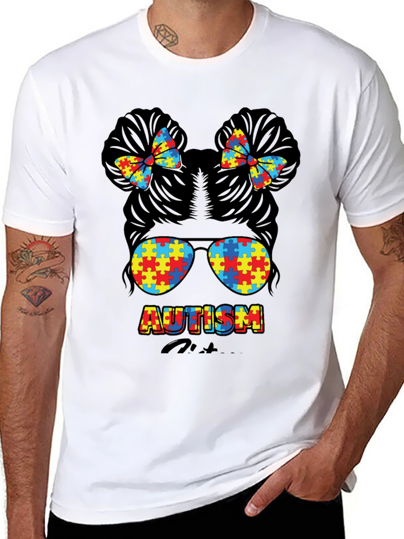 Autism Awareness Puzzle Piece Messy Bun T-Shirt