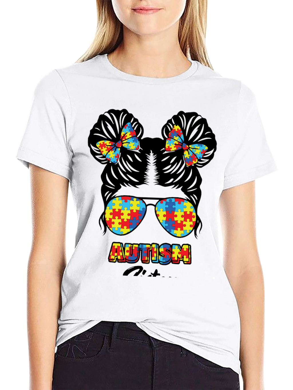 Autism Awareness Puzzle Piece Messy Bun T-Shirt