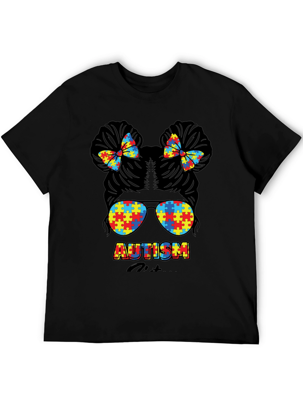 Autism Awareness Puzzle Piece Messy Bun T-Shirt