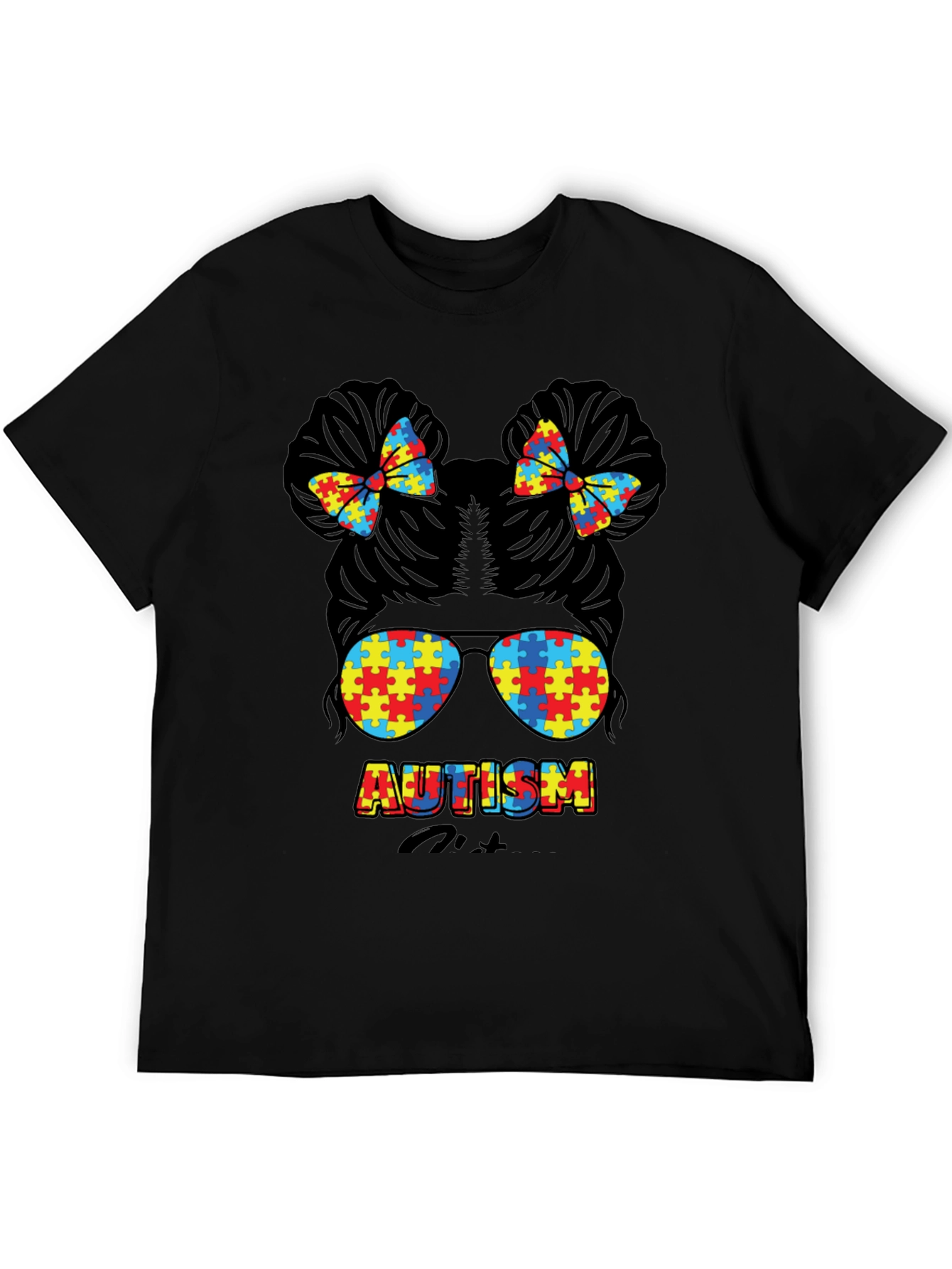 Autism Awareness Puzzle Piece Messy Bun T-Shirt