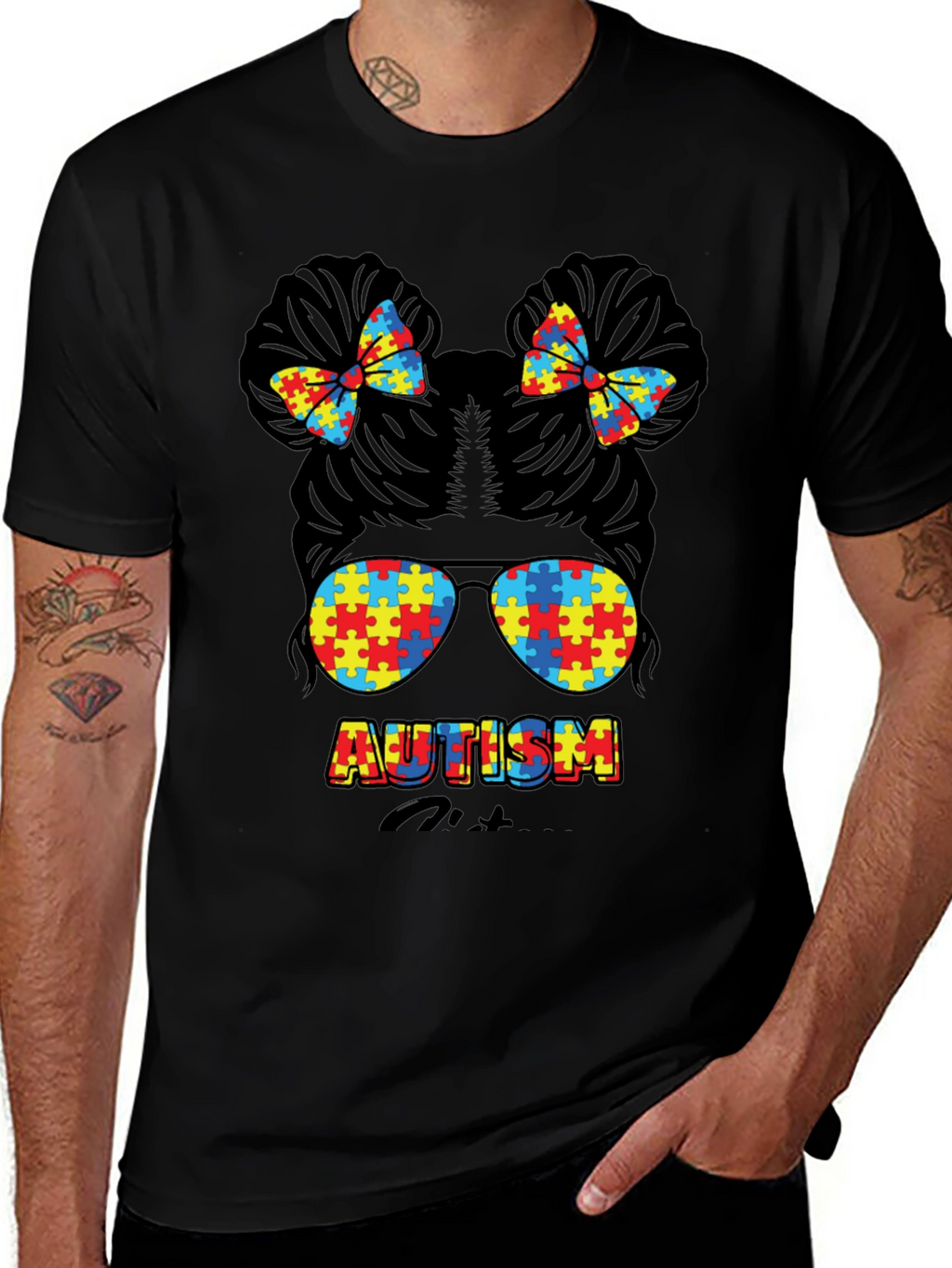 Autism Awareness Puzzle Piece Messy Bun T-Shirt