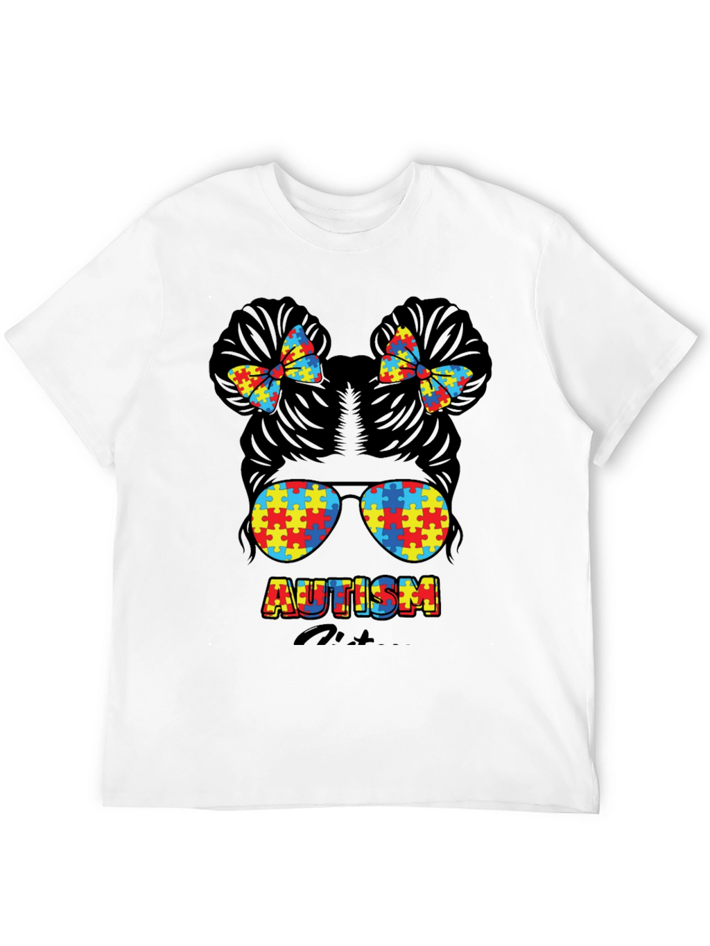 Autism Awareness Puzzle Piece Messy Bun T-Shirt