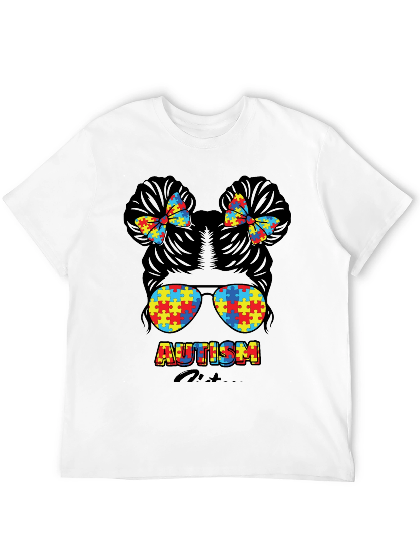 Autism Awareness Puzzle Piece Messy Bun T-Shirt