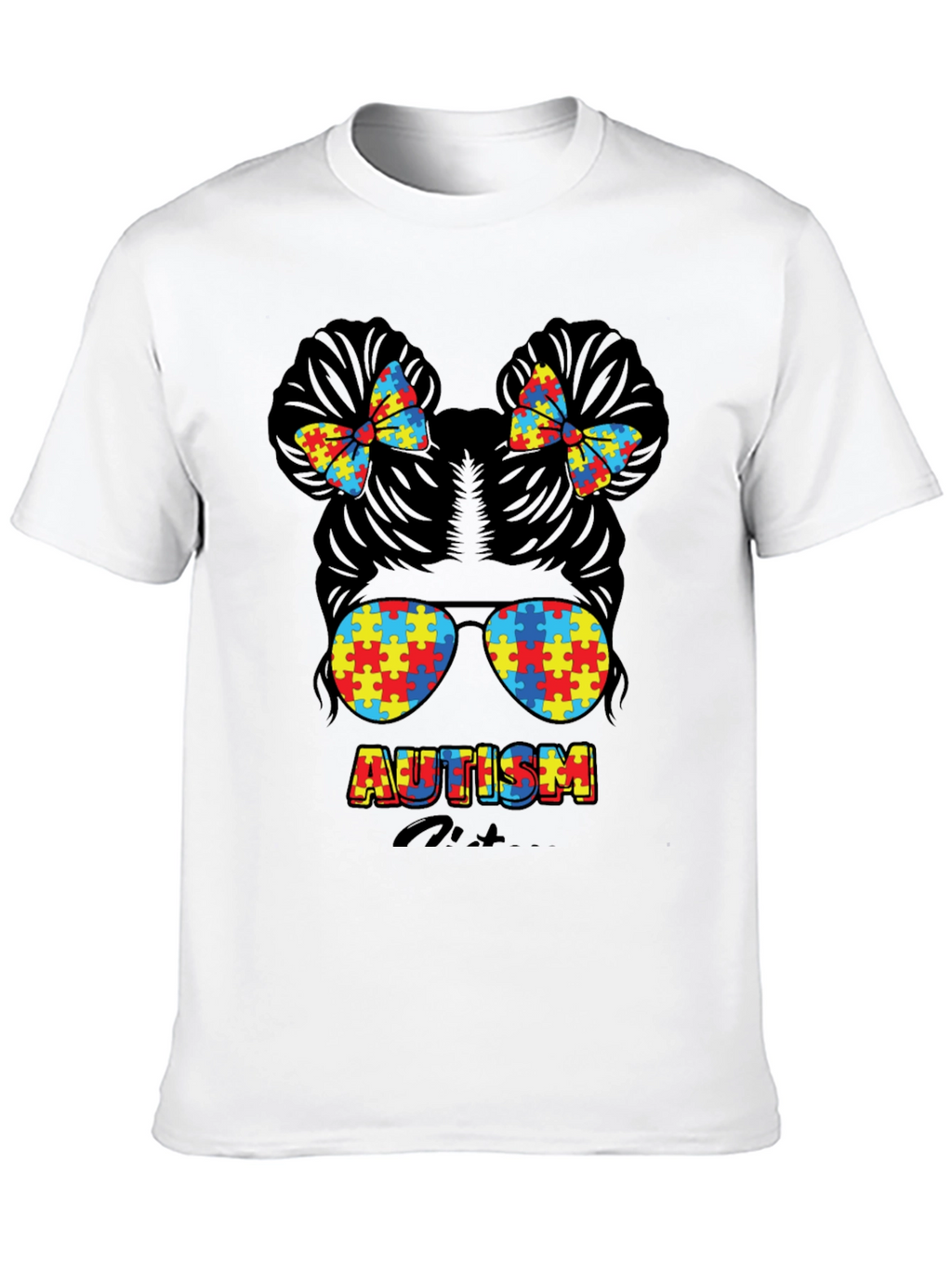 Autism Awareness Puzzle Piece Messy Bun T-Shirt