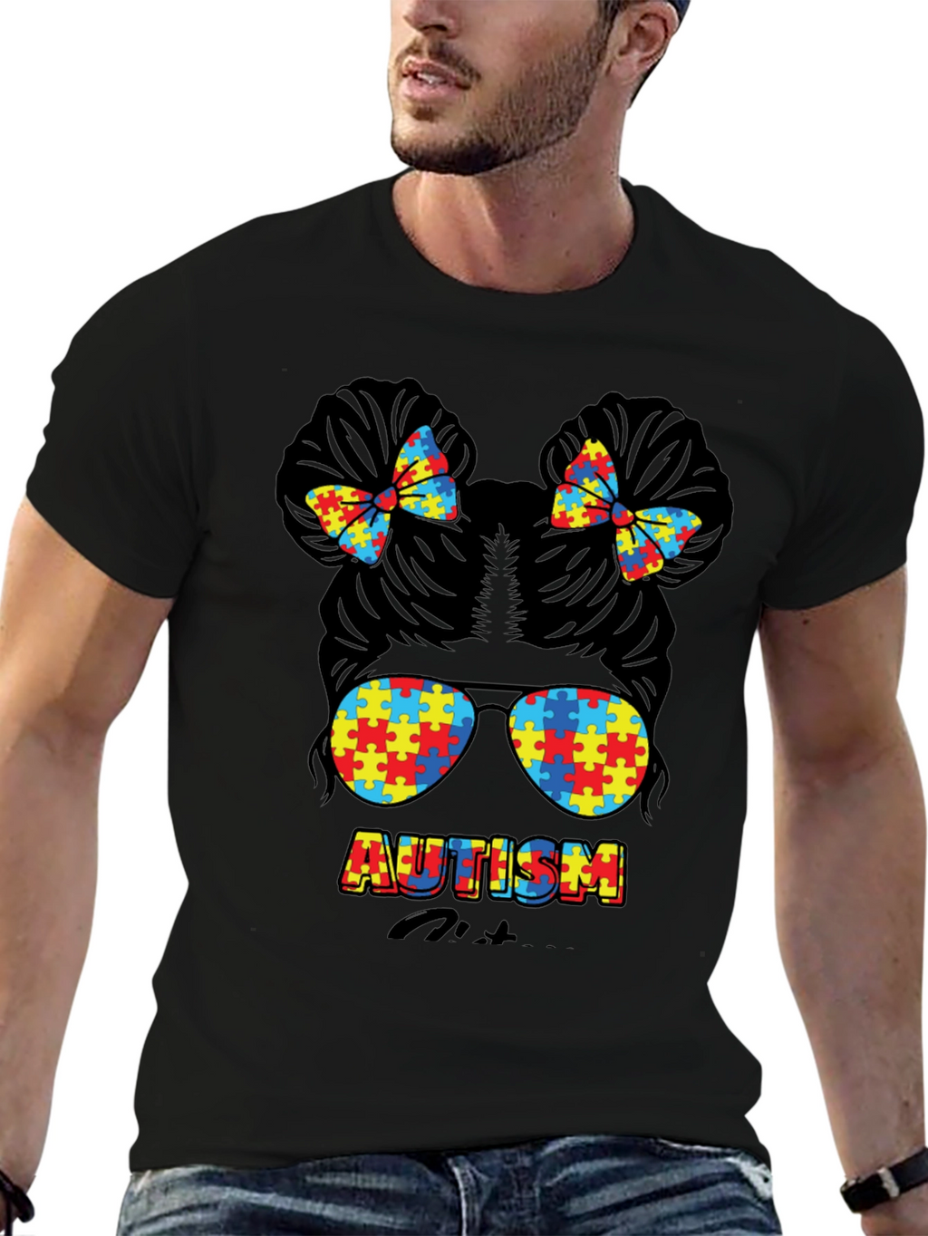 Autism Awareness Puzzle Piece Messy Bun T-Shirt