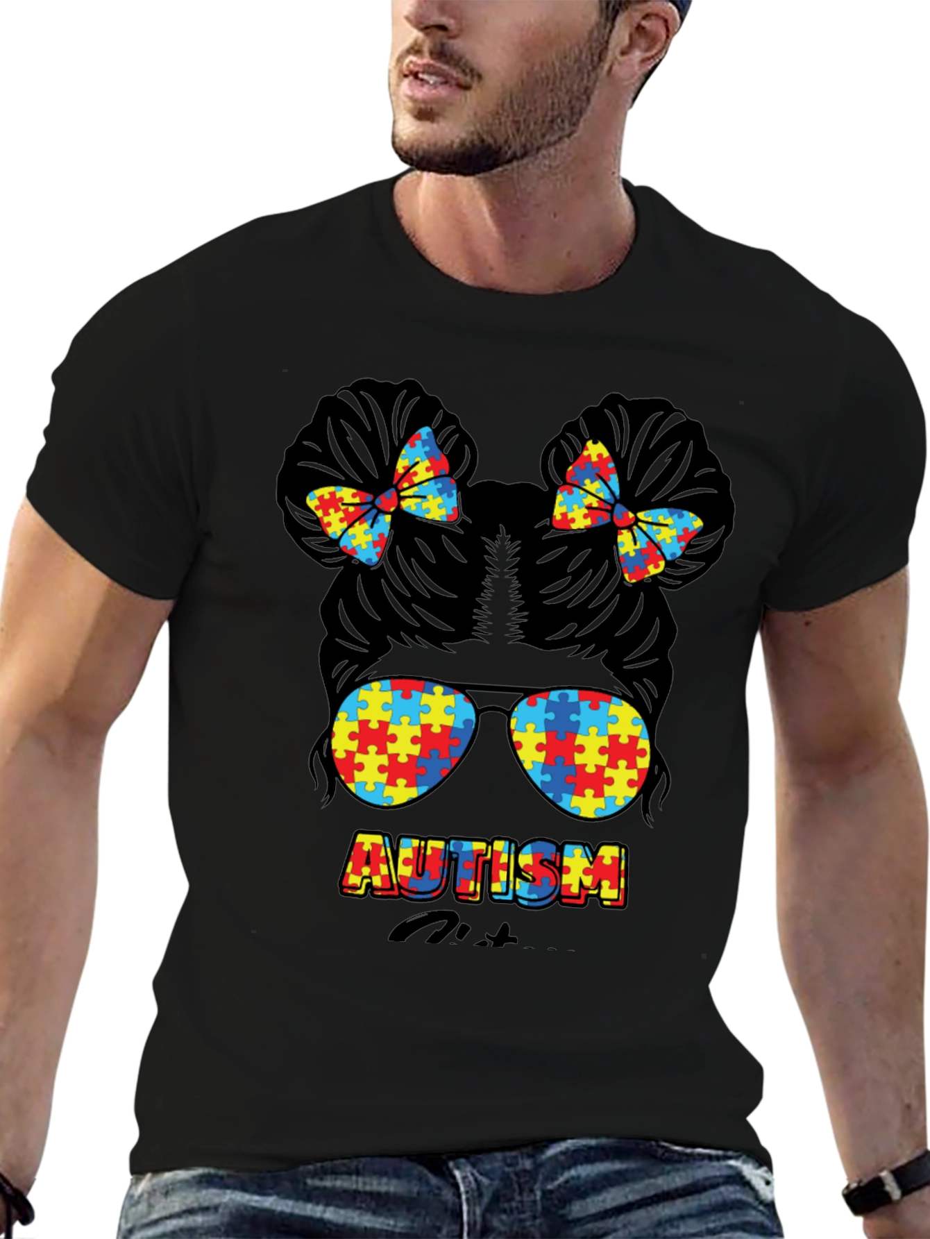 Autism Awareness Puzzle Piece Messy Bun T-Shirt