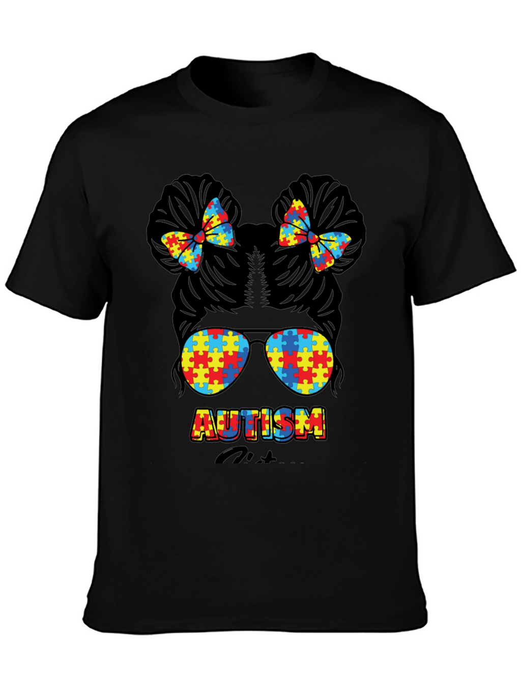 Autism Awareness Puzzle Piece Messy Bun T-Shirt