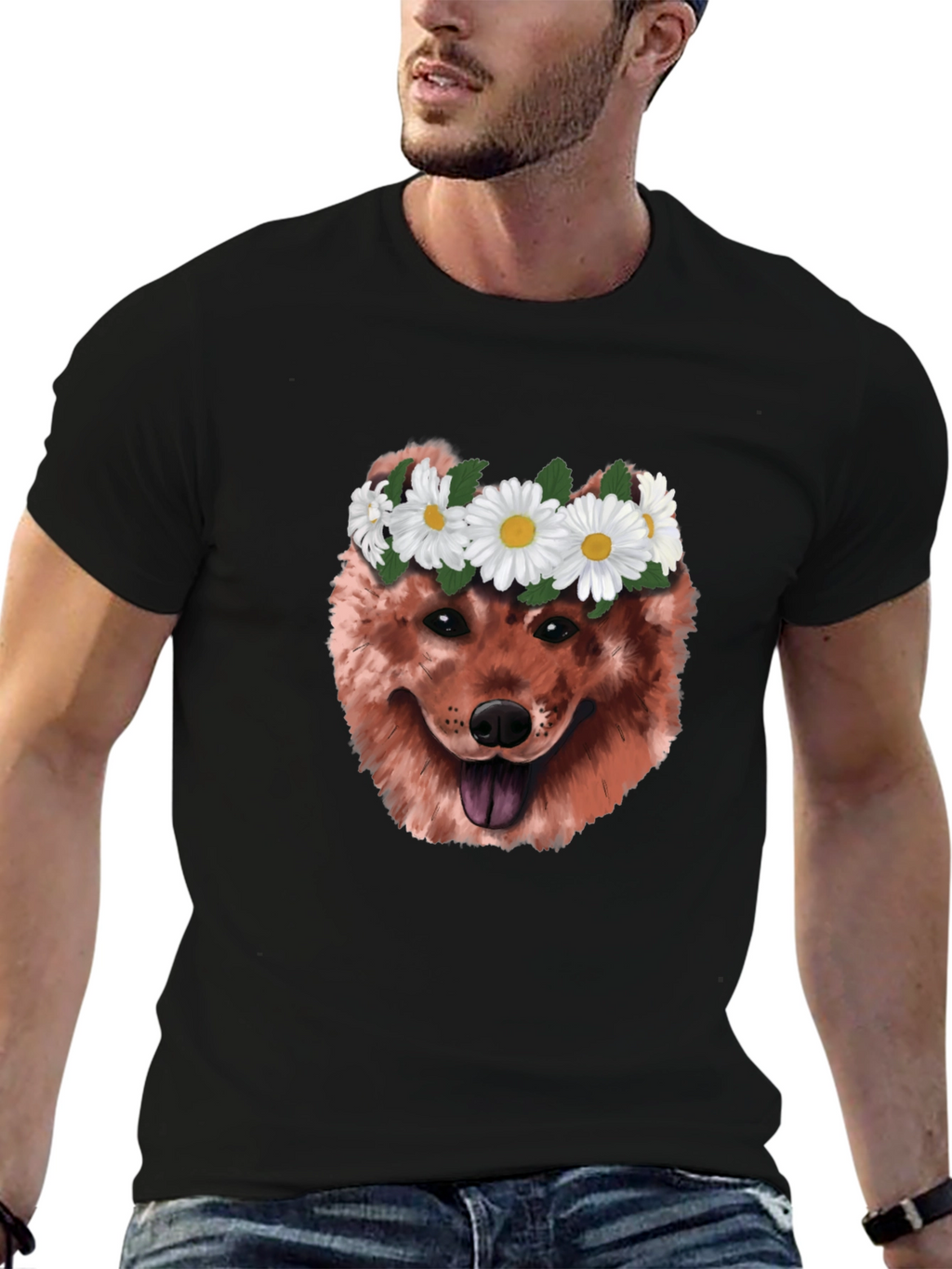 Dog with Daisy Crown Graphic T-Shirt