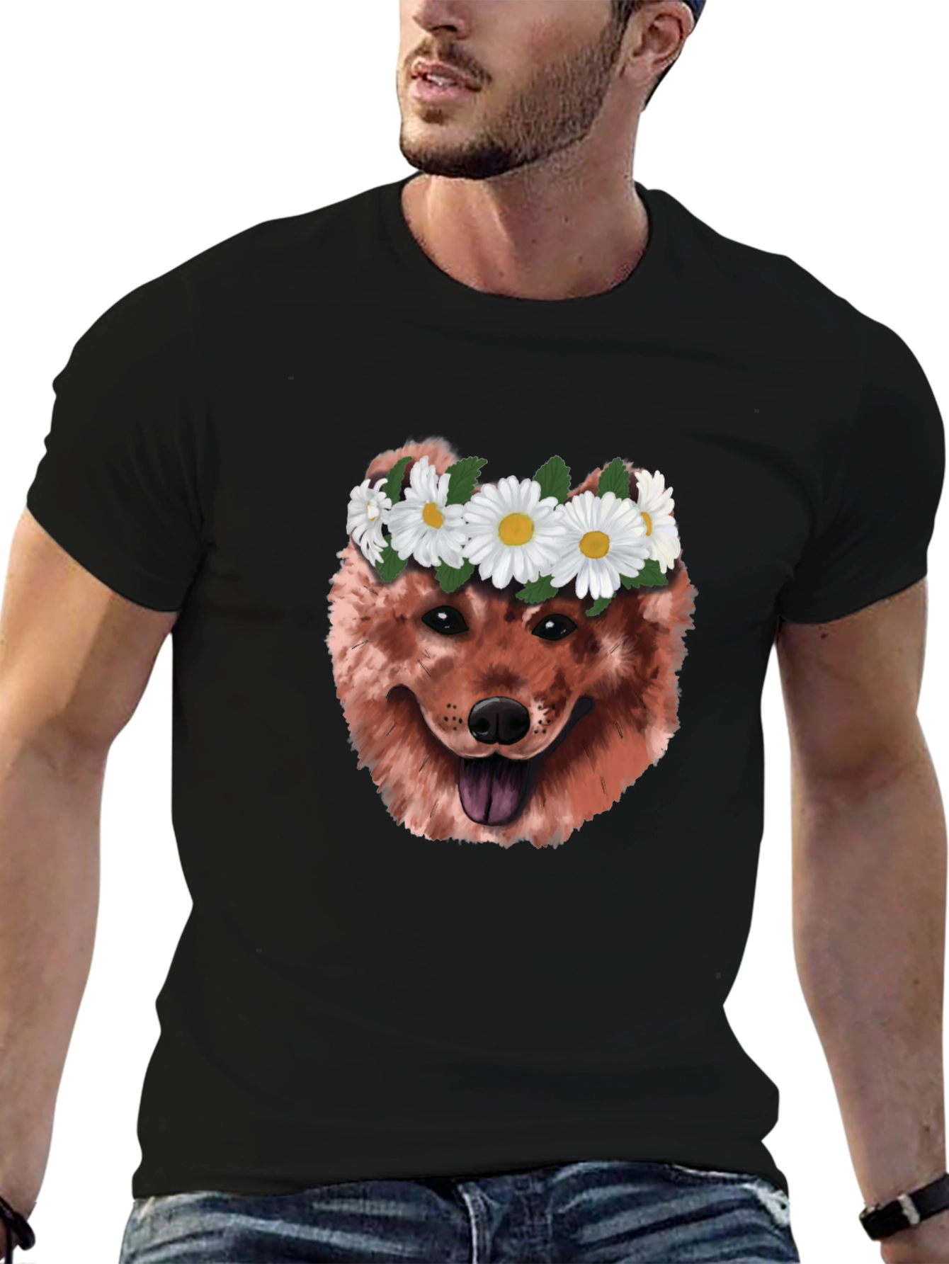Dog with Daisy Crown Graphic T-Shirt