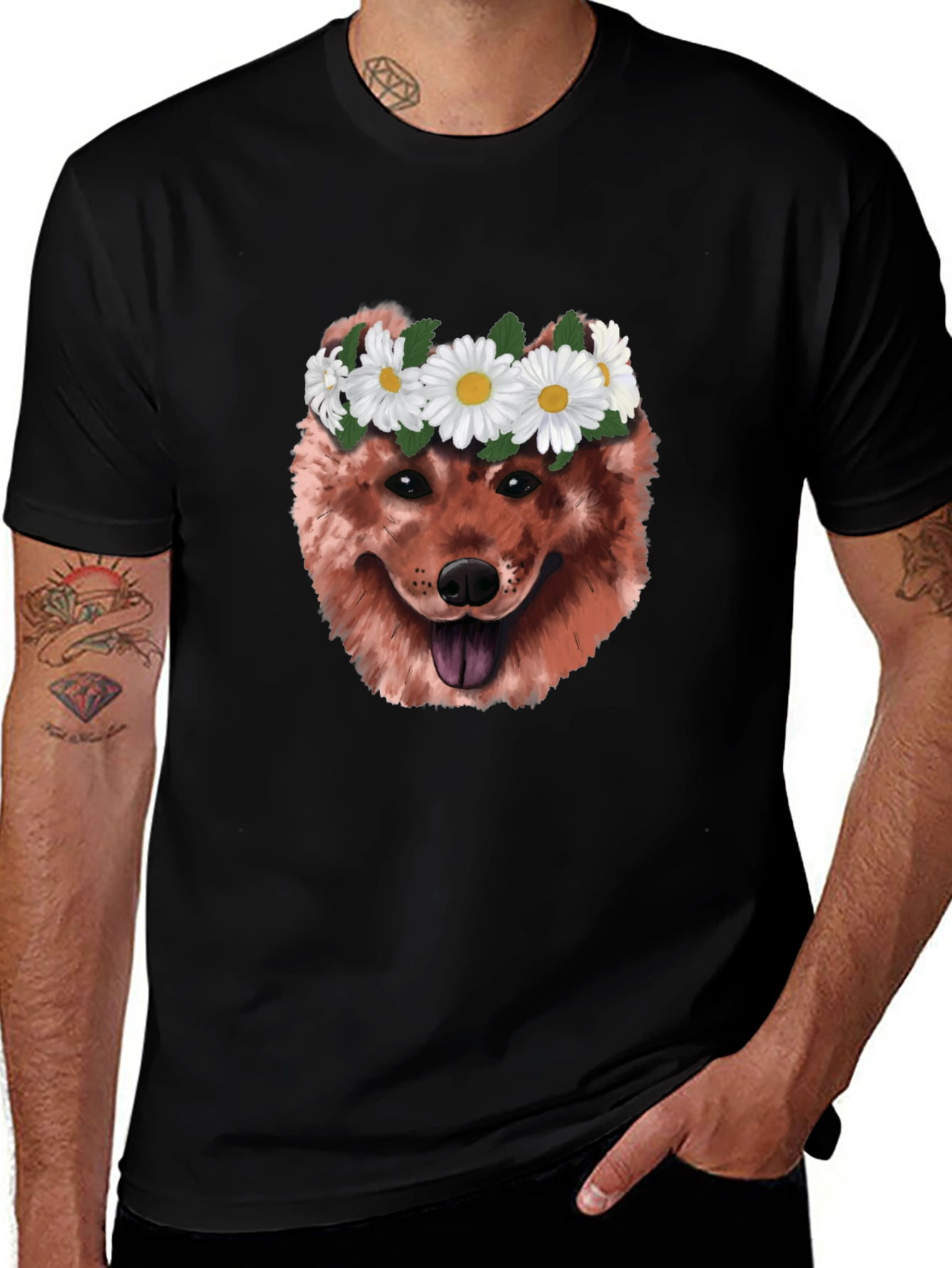 Dog with Daisy Crown Graphic T-Shirt