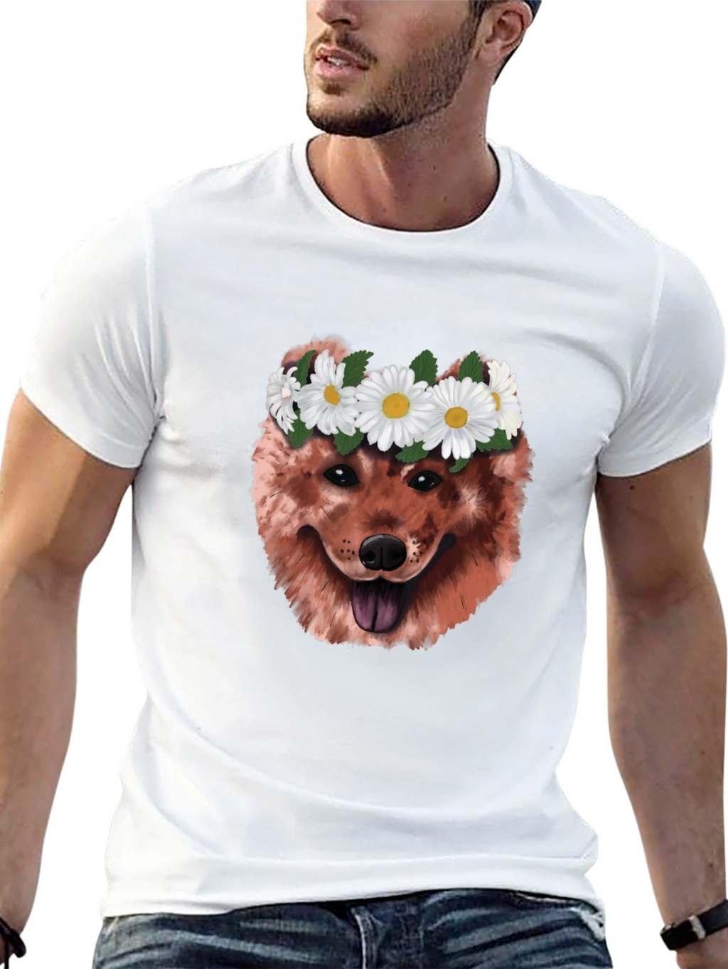 Dog with Daisy Crown Graphic T-Shirt