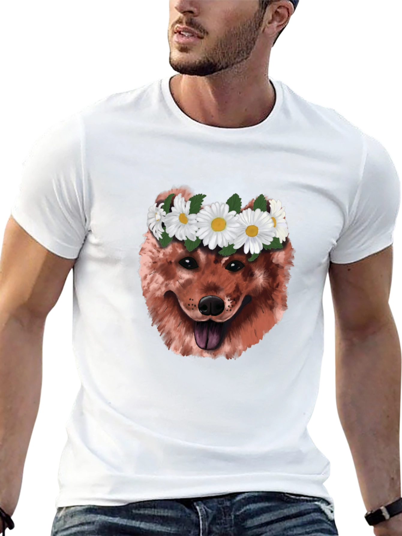 Dog with Daisy Crown Graphic T-Shirt
