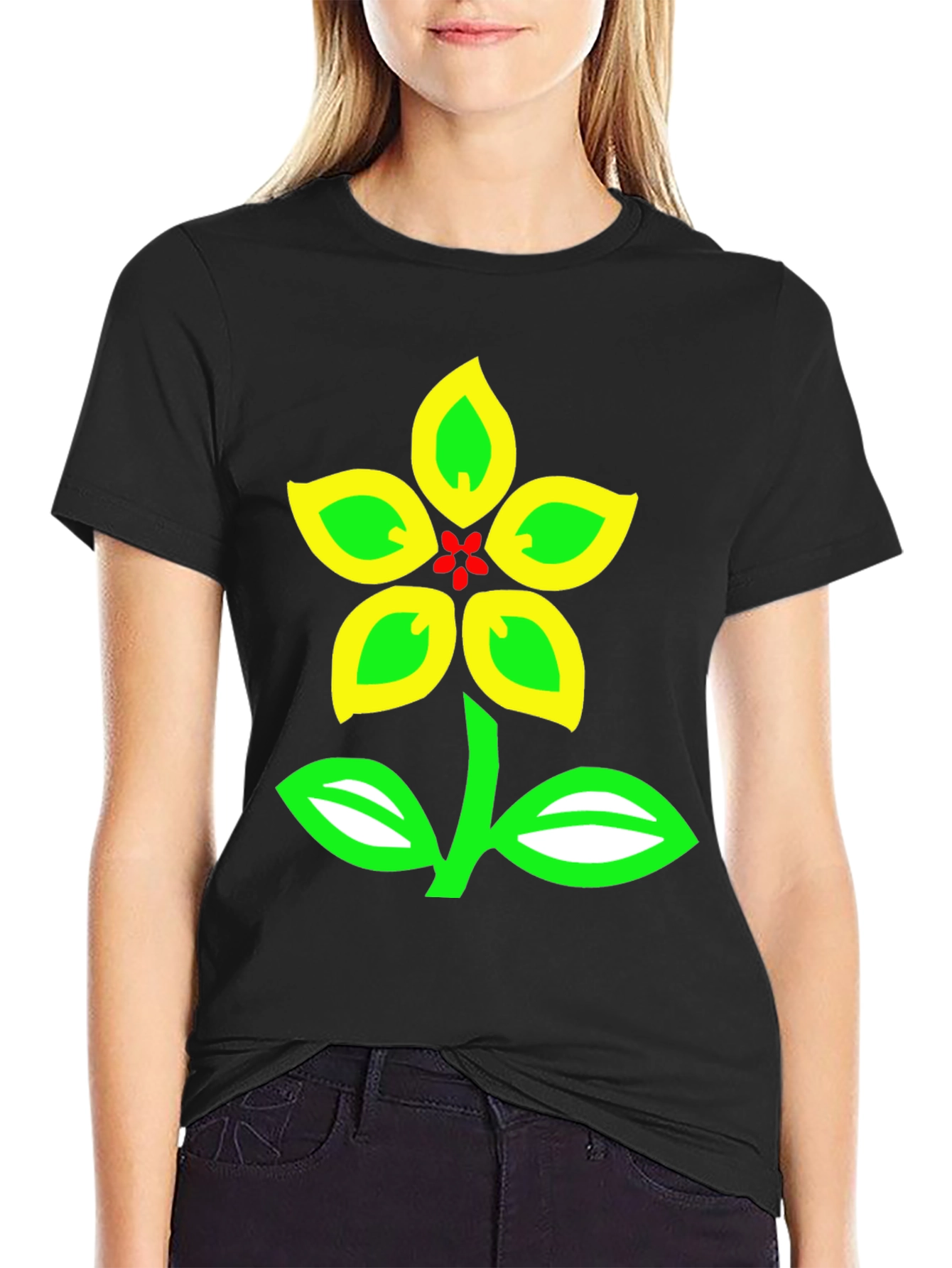 Black T-Shirt with Colorful Floral Graphic