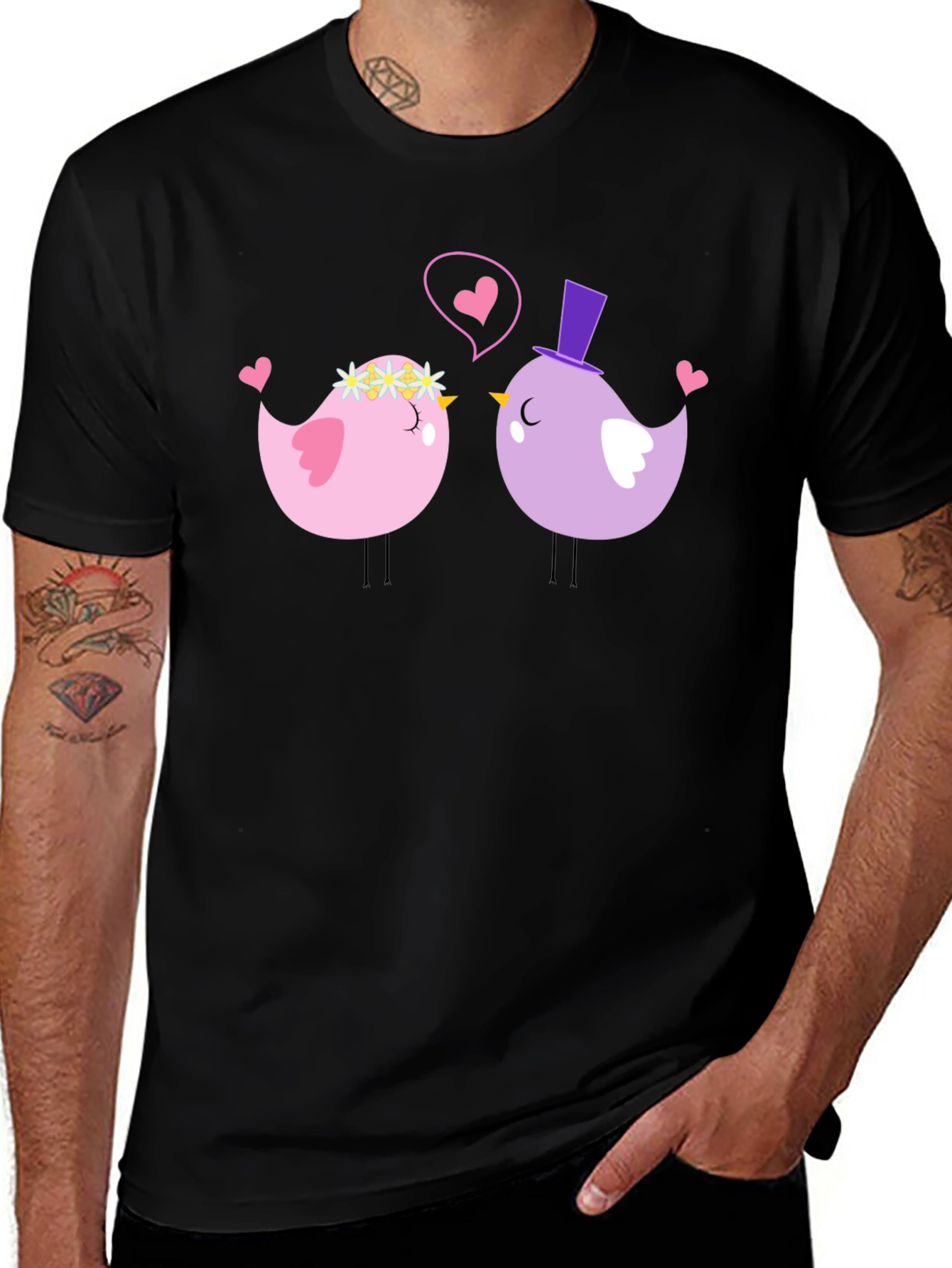 Cute Bird Couple Black T-Shirt