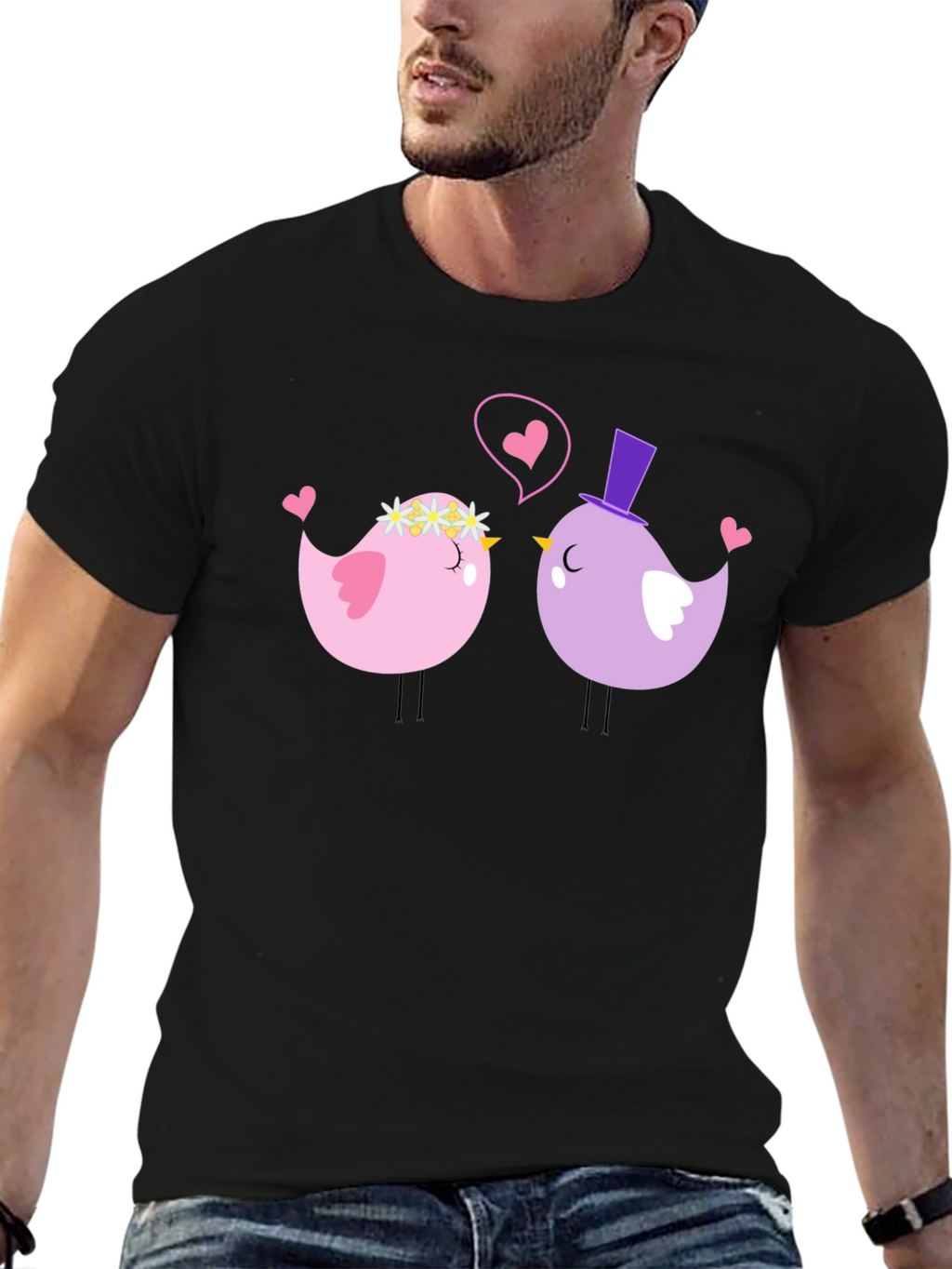 Cute Bird Couple Black T-Shirt