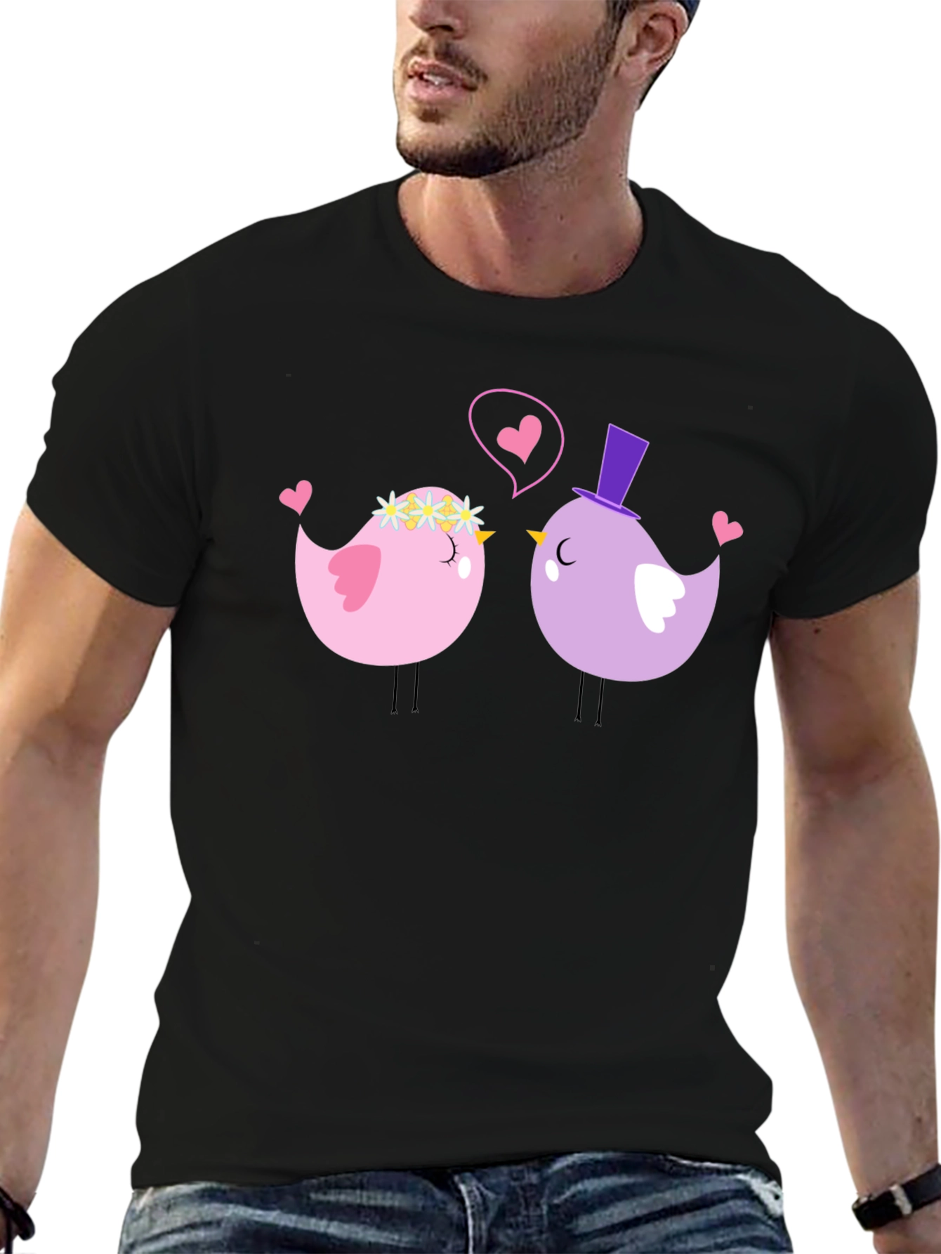 Cute Bird Couple Black T-Shirt