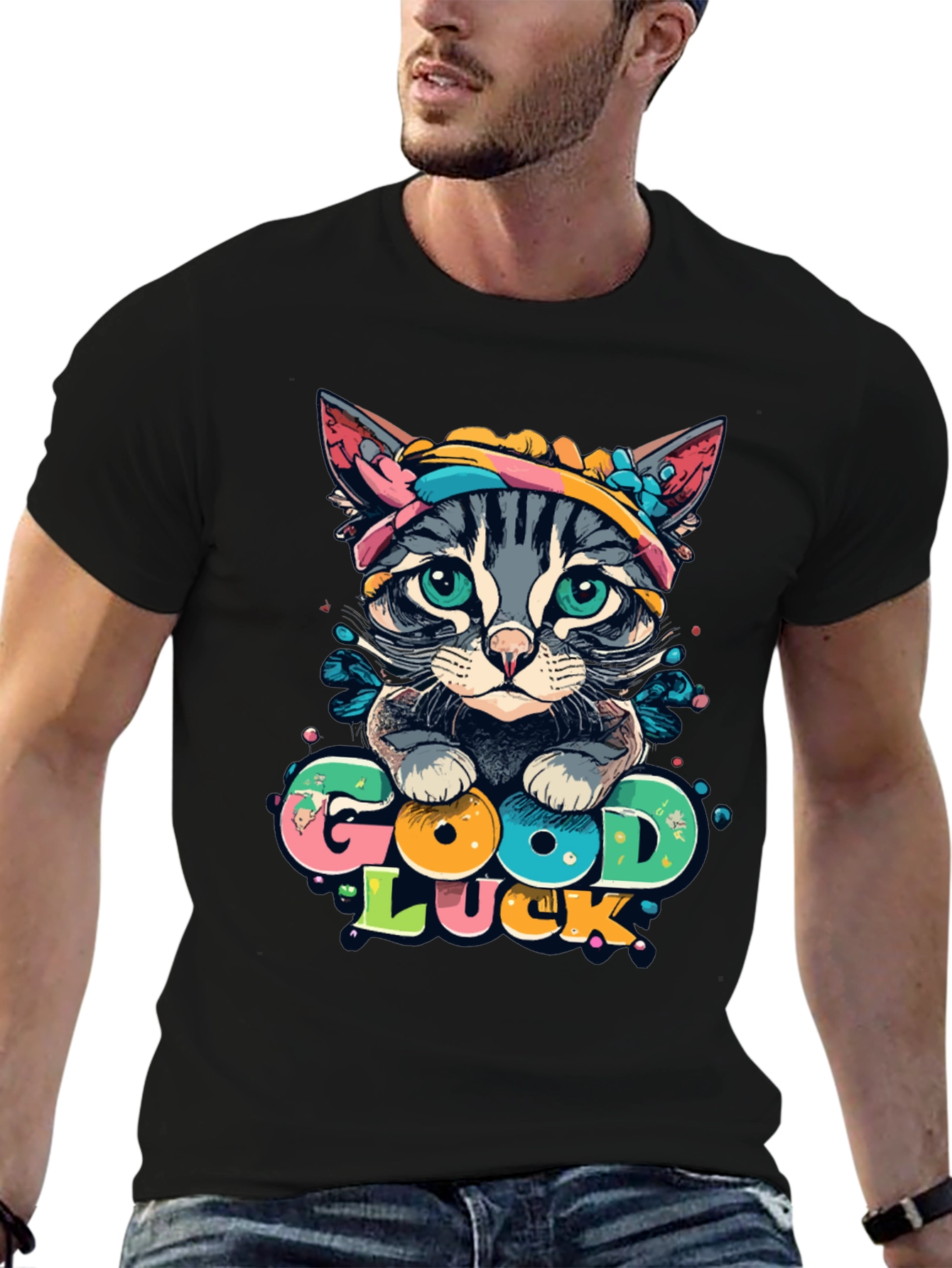 Good Luck Cat Graphic Tee - Unisex Black T-Shirt