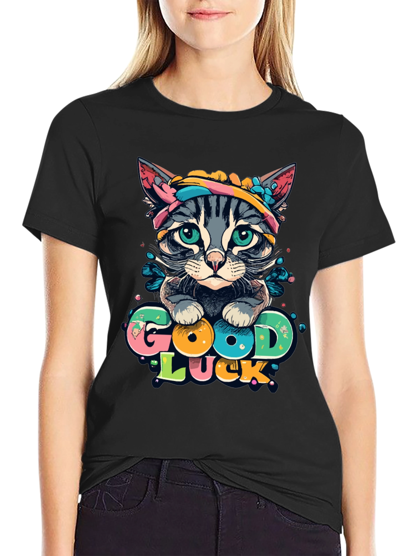 Good Luck Cat Graphic Tee - Unisex Black T-Shirt