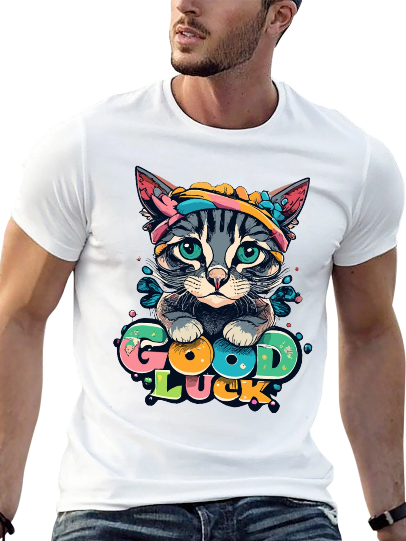 Good Luck Cat Graphic Tee - Unisex Black T-Shirt