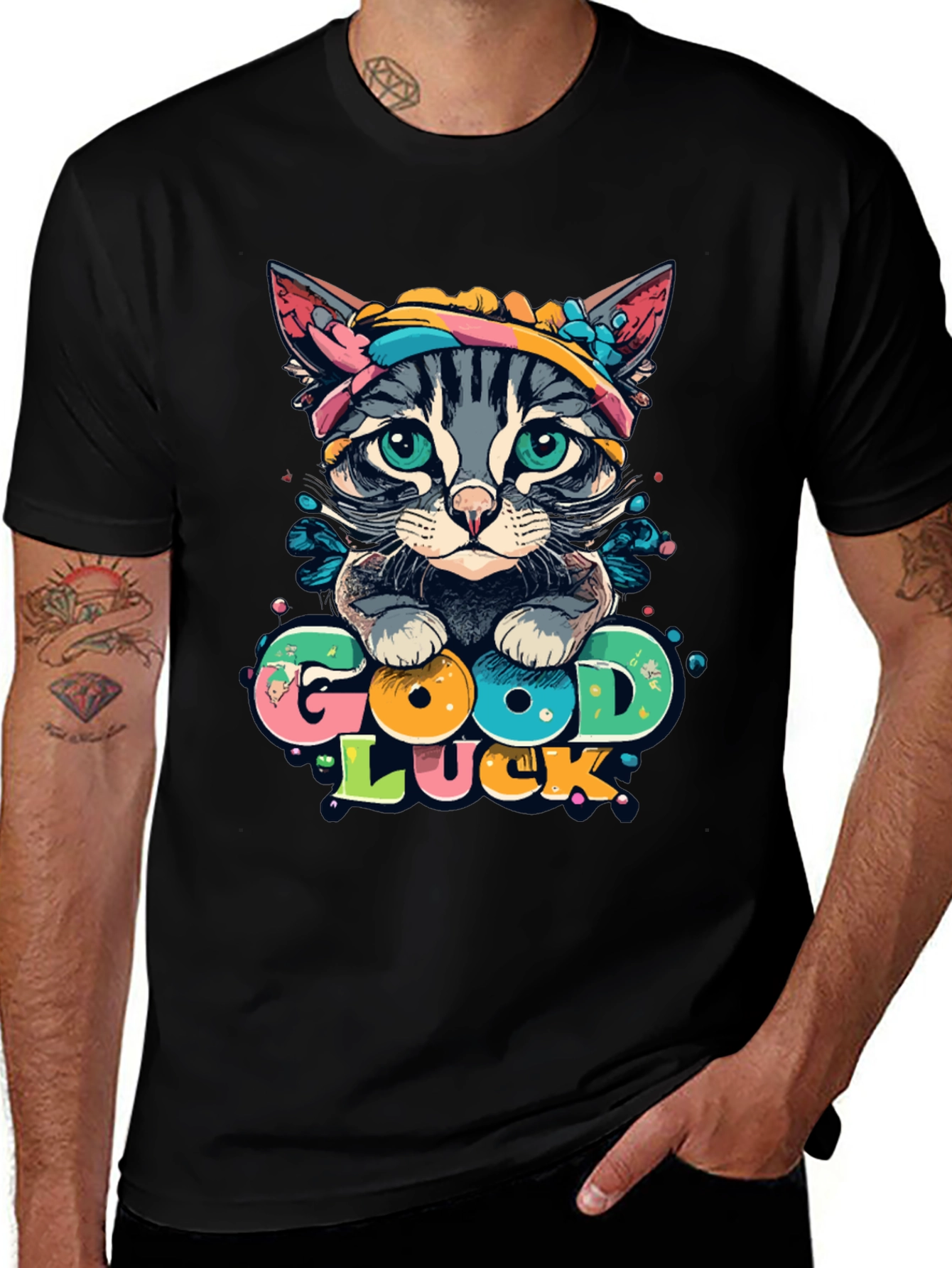 Good Luck Cat Graphic Tee - Unisex Black T-Shirt