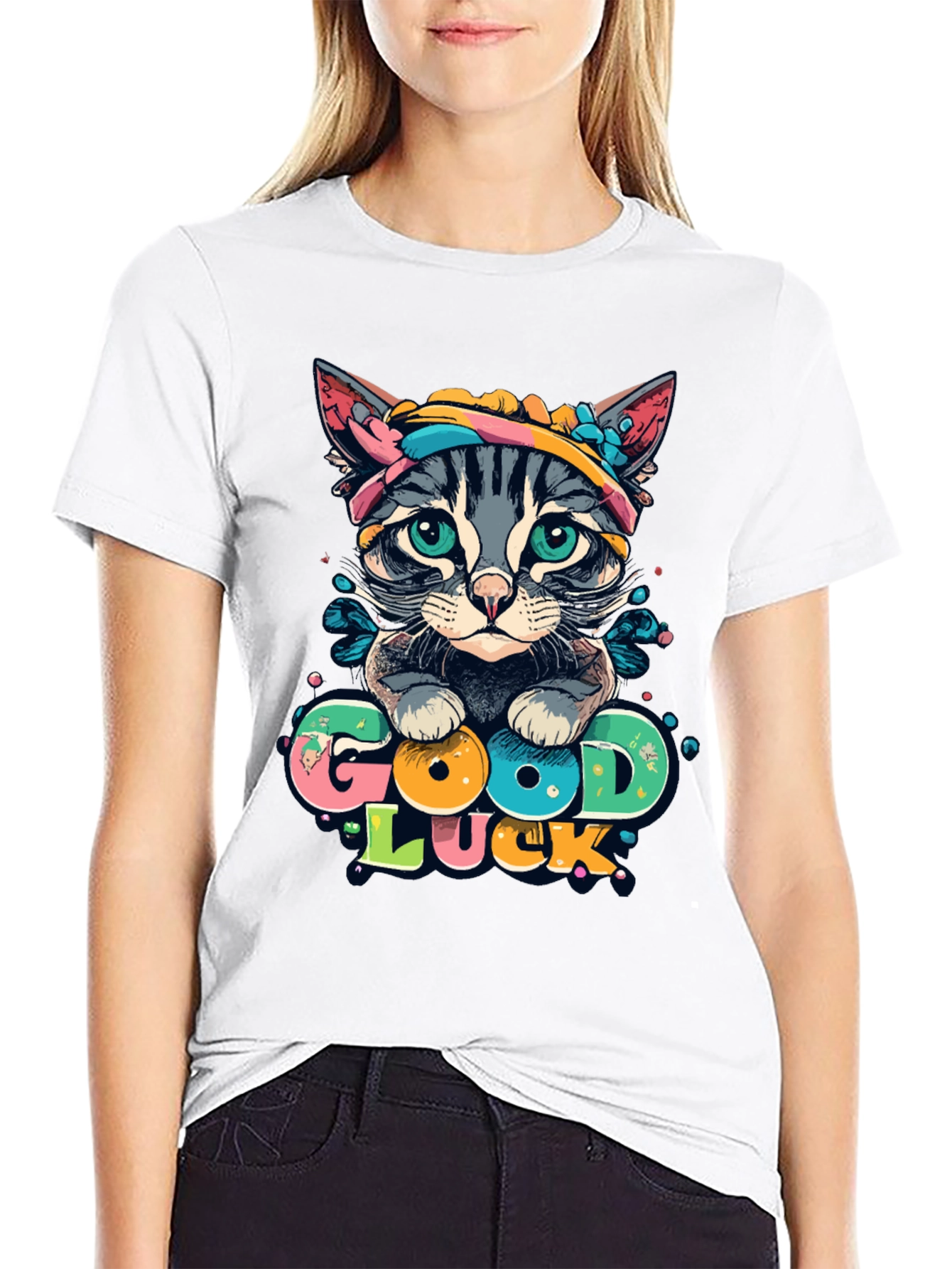 Good Luck Cat Graphic Tee - Unisex Black T-Shirt