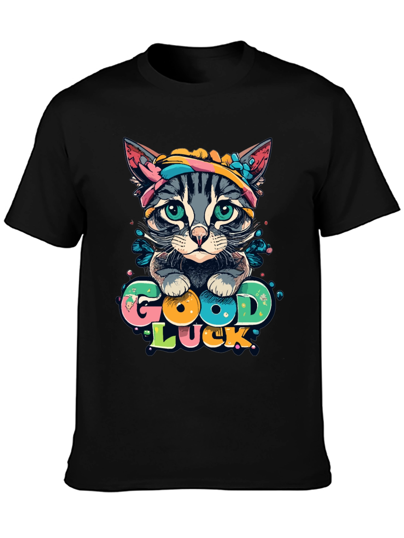 Good Luck Cat Graphic Tee - Unisex Black T-Shirt