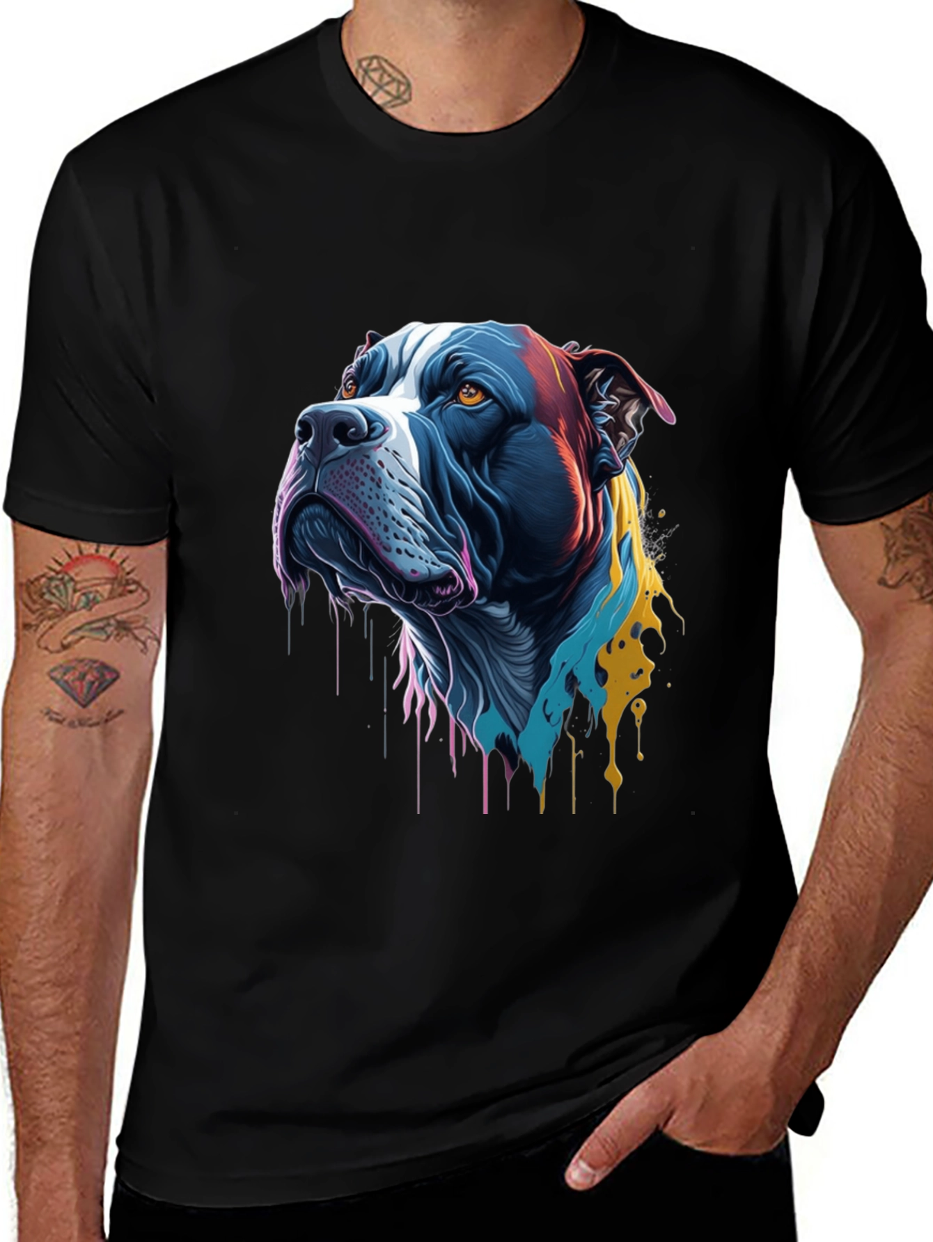 Colorful Pitbull Dog Graphic Print Black T-Shirt
