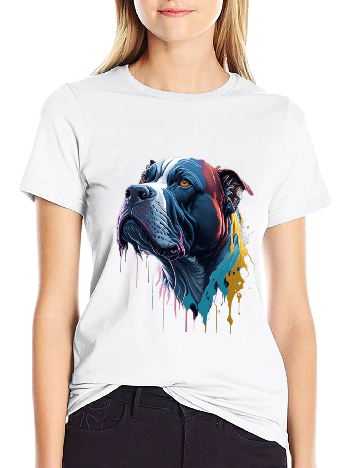 Colorful Pitbull Dog Graphic Print Black T-Shirt