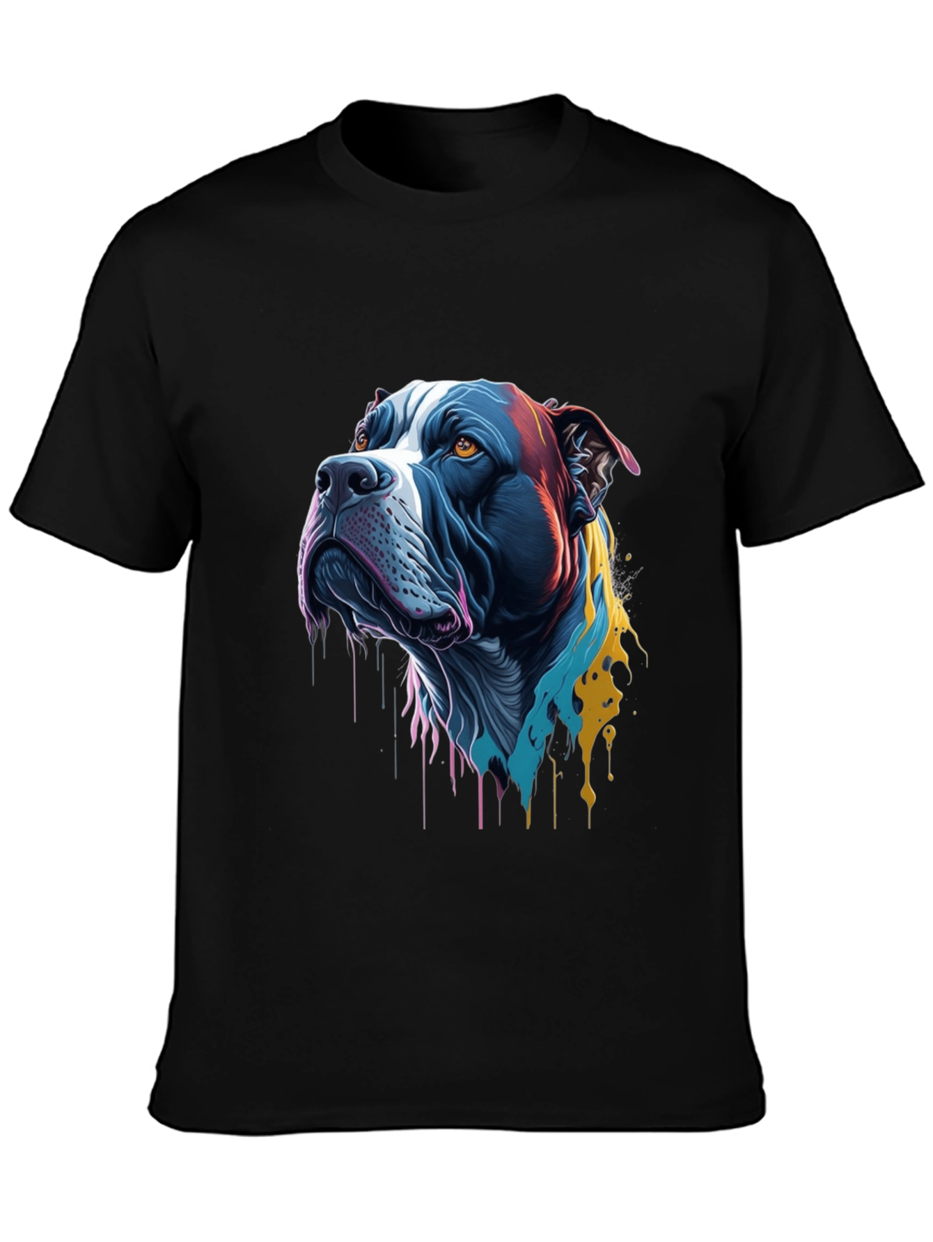 Colorful Pitbull Dog Graphic Print Black T-Shirt