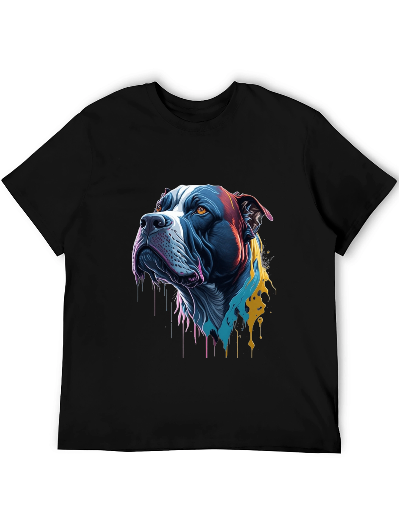 Colorful Pitbull Dog Graphic Print Black T-Shirt