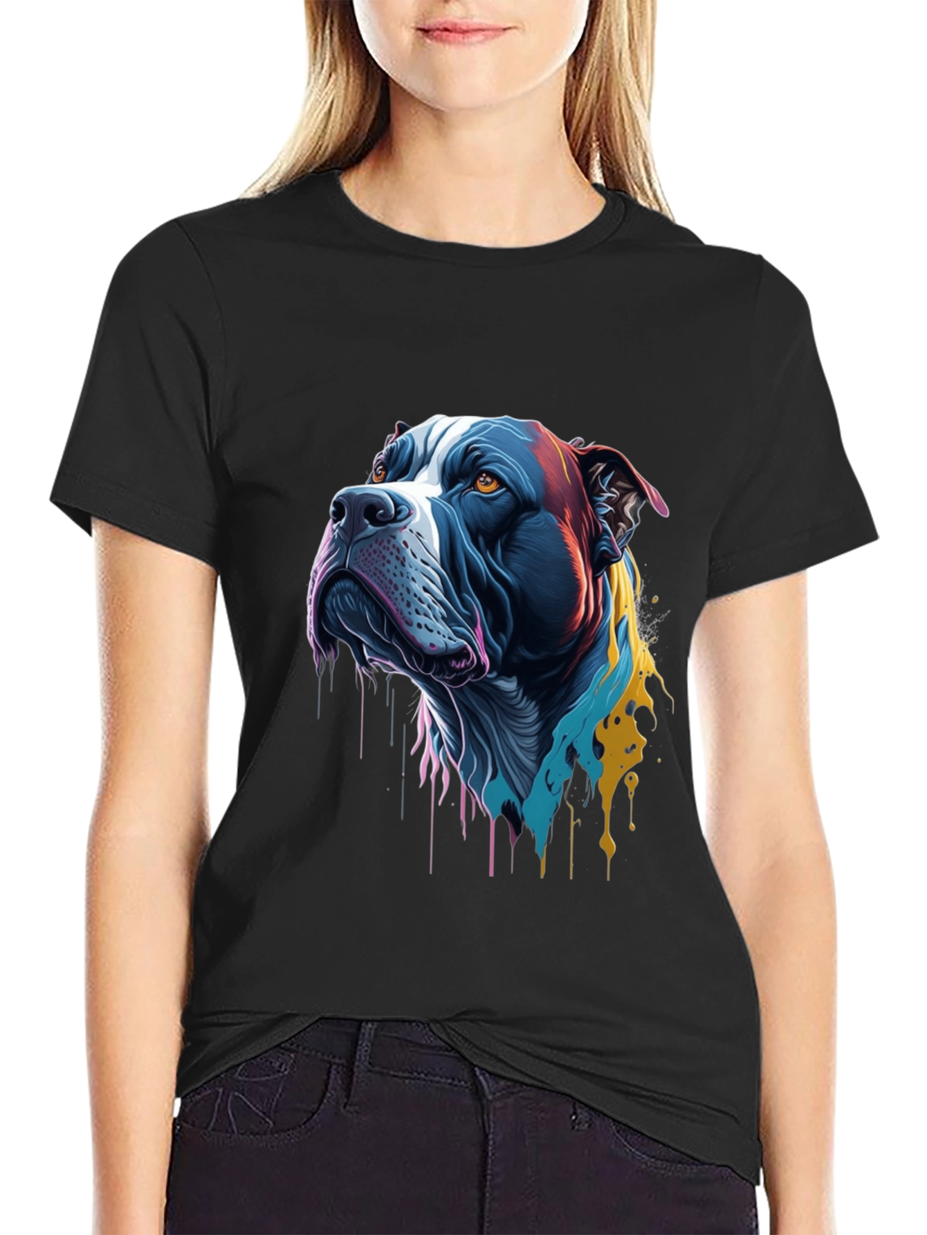 Colorful Pitbull Dog Graphic Print Black T-Shirt