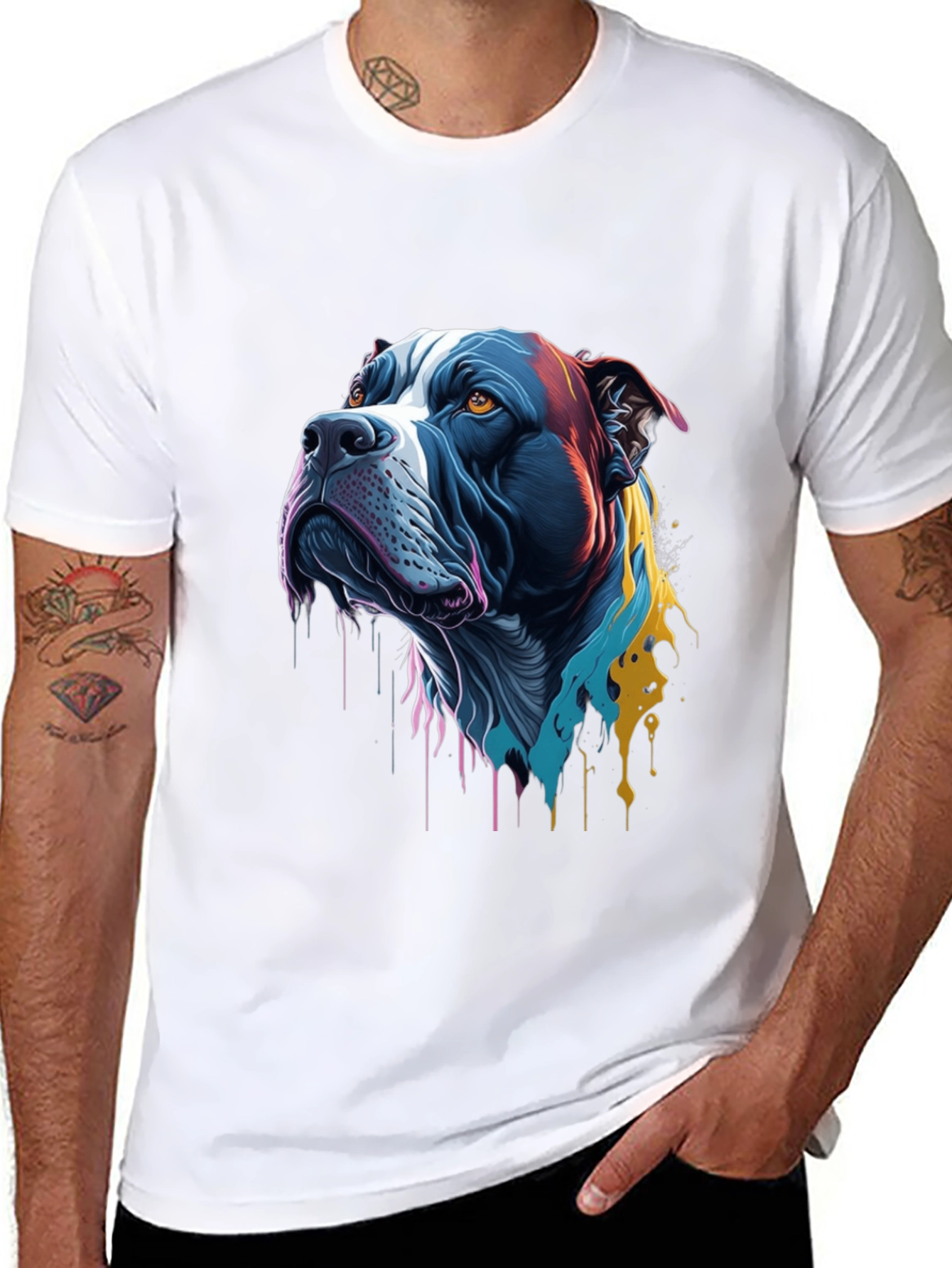 Colorful Pitbull Dog Graphic Print Black T-Shirt