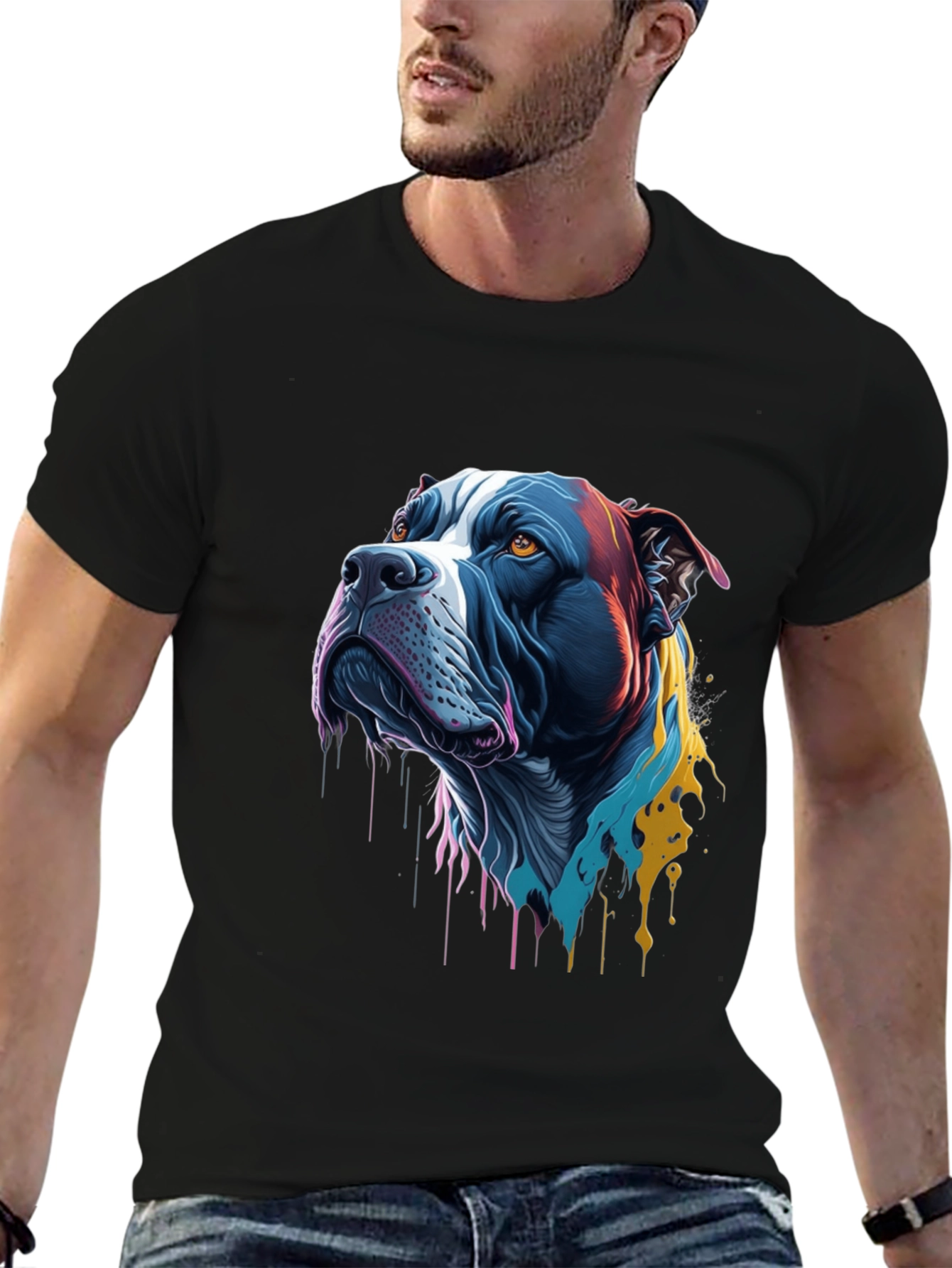 Colorful Pitbull Dog Graphic Print Black T-Shirt