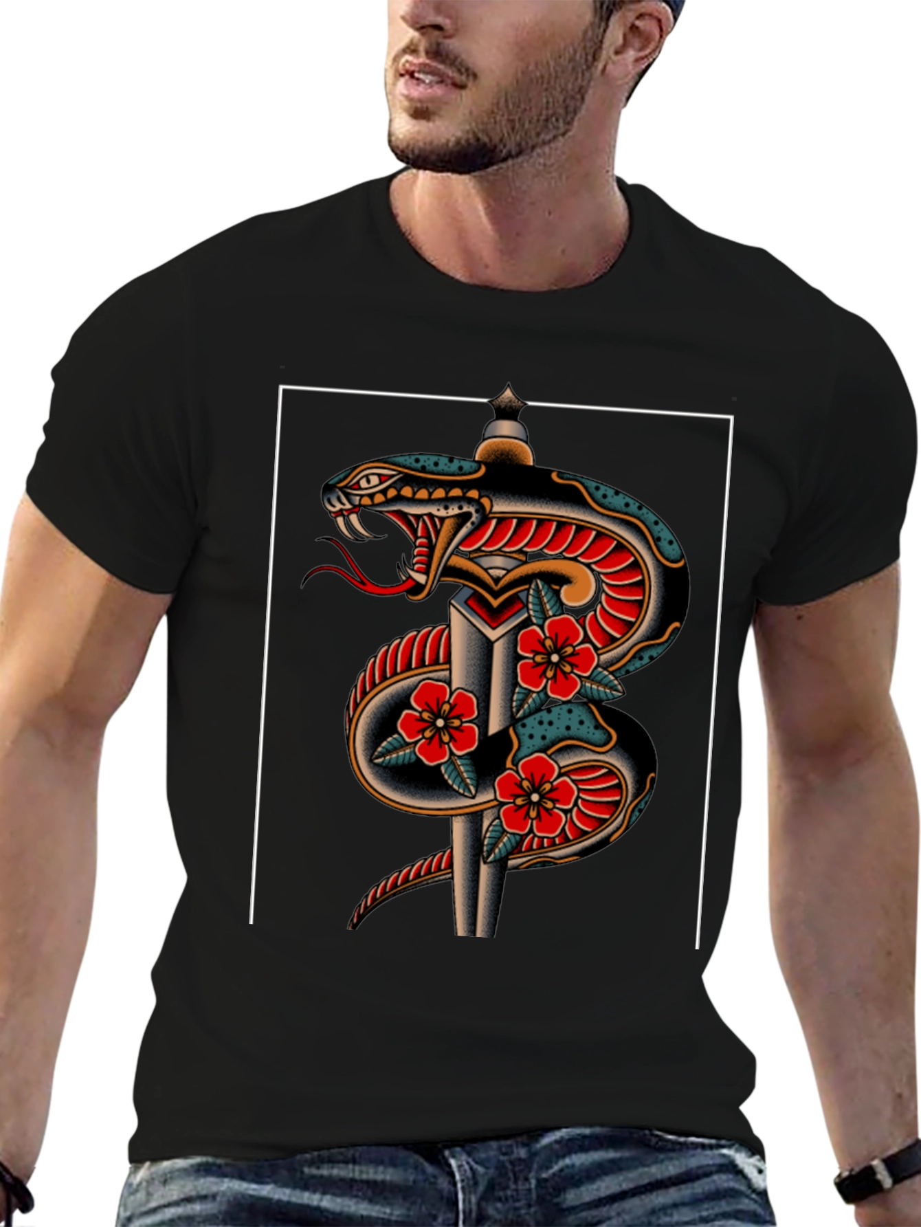 Snake & Dagger Graphic Tee - Edgy Tattoo Style