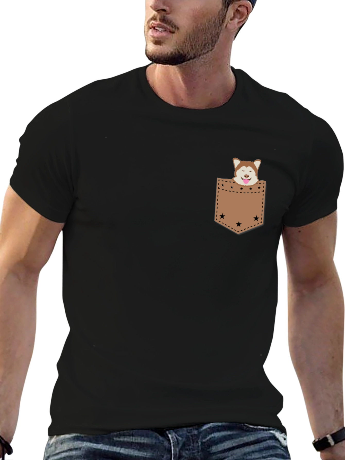 Dog in Pocket Tee - Casual Graphic T-Shirt