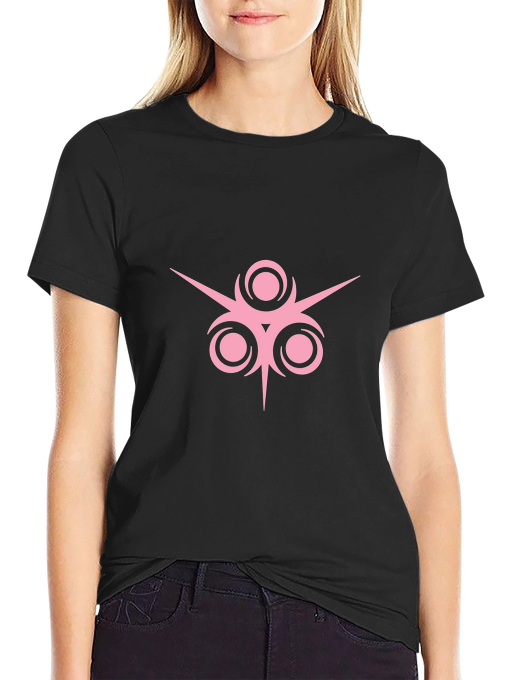 Black T-Shirt with Pink Geometric Design