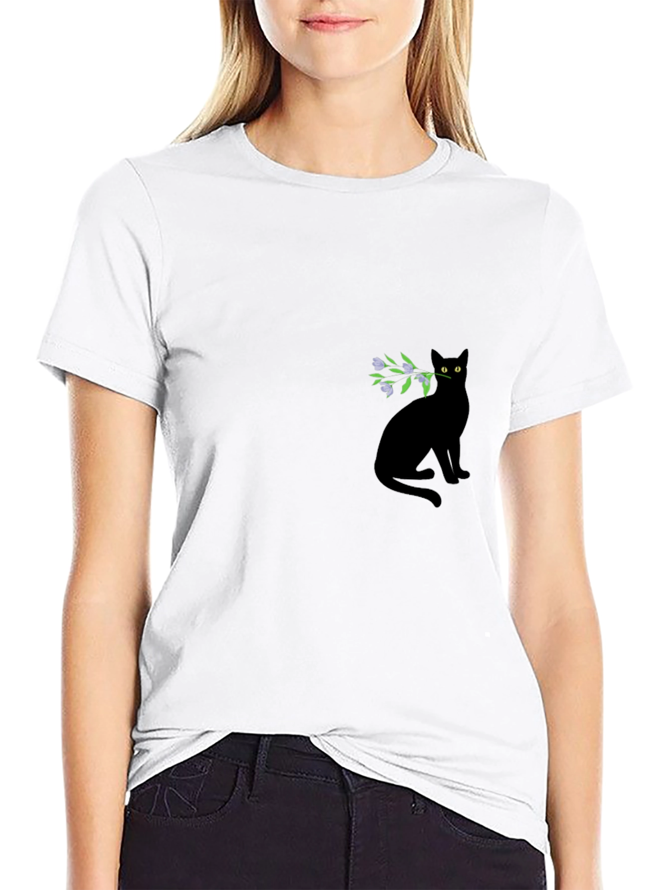 Black Cat with Flowers Graphic Tee