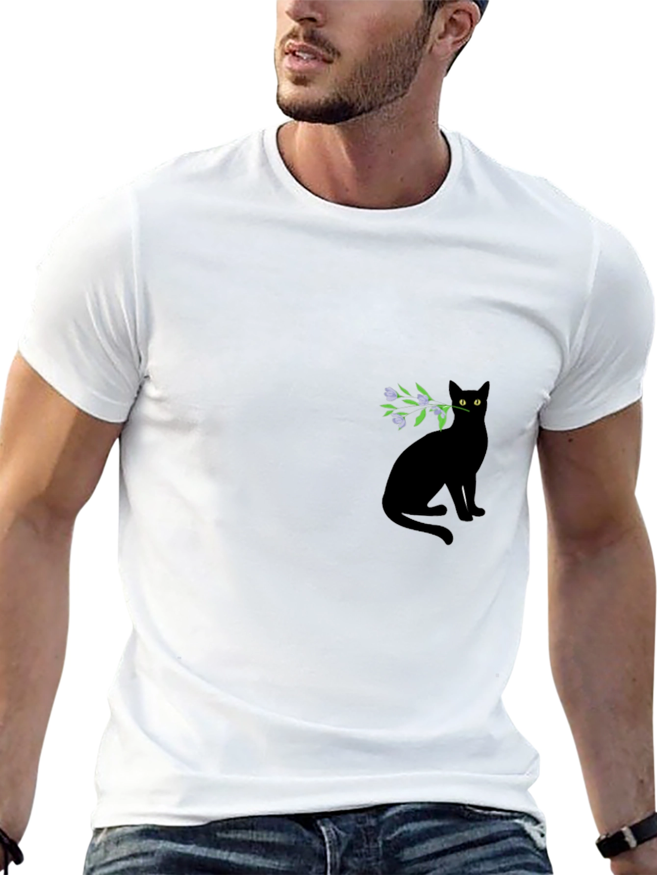 Black Cat with Flowers Graphic Tee