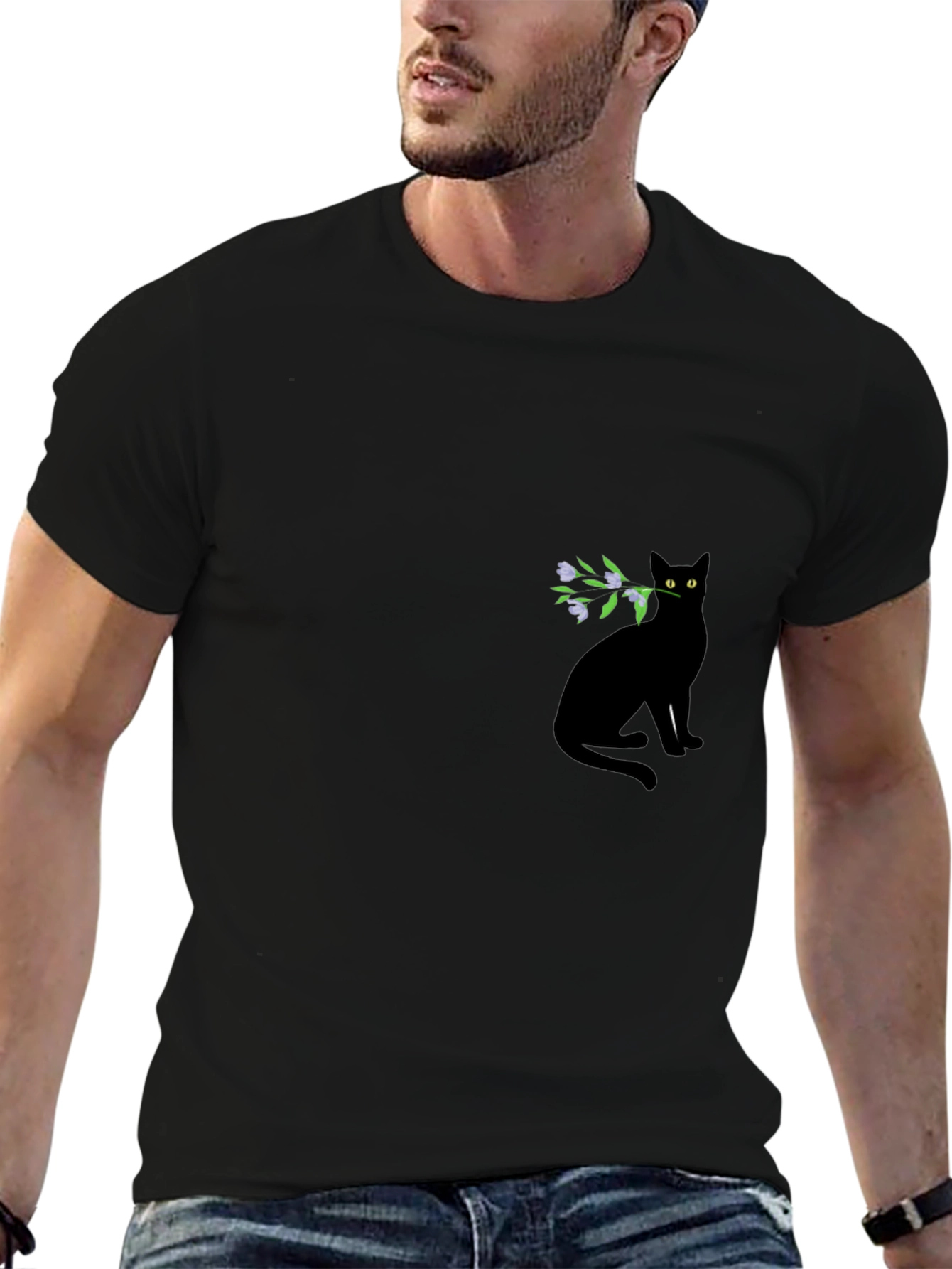 Black Cat with Flowers Graphic Tee