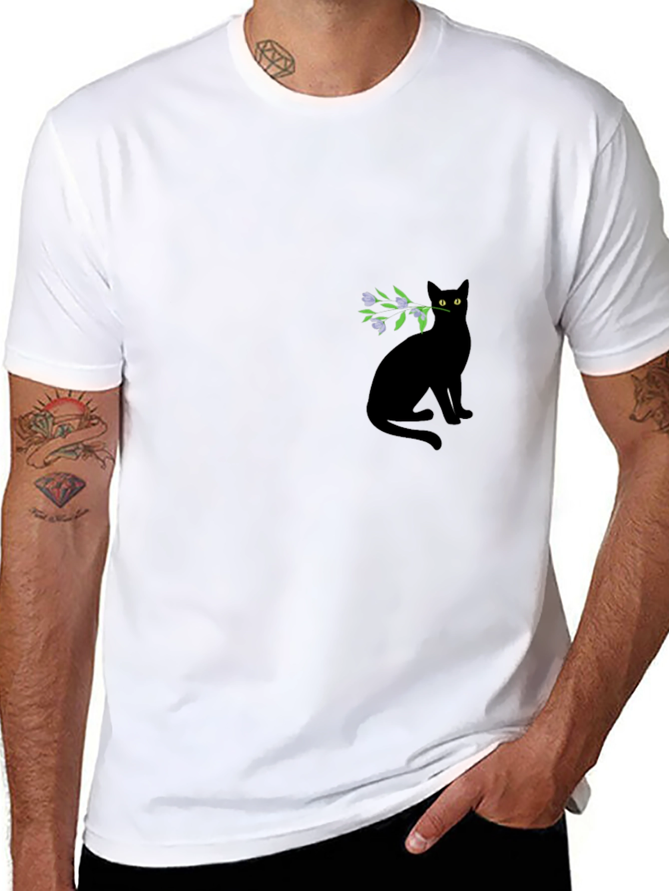 Black Cat with Flowers Graphic Tee