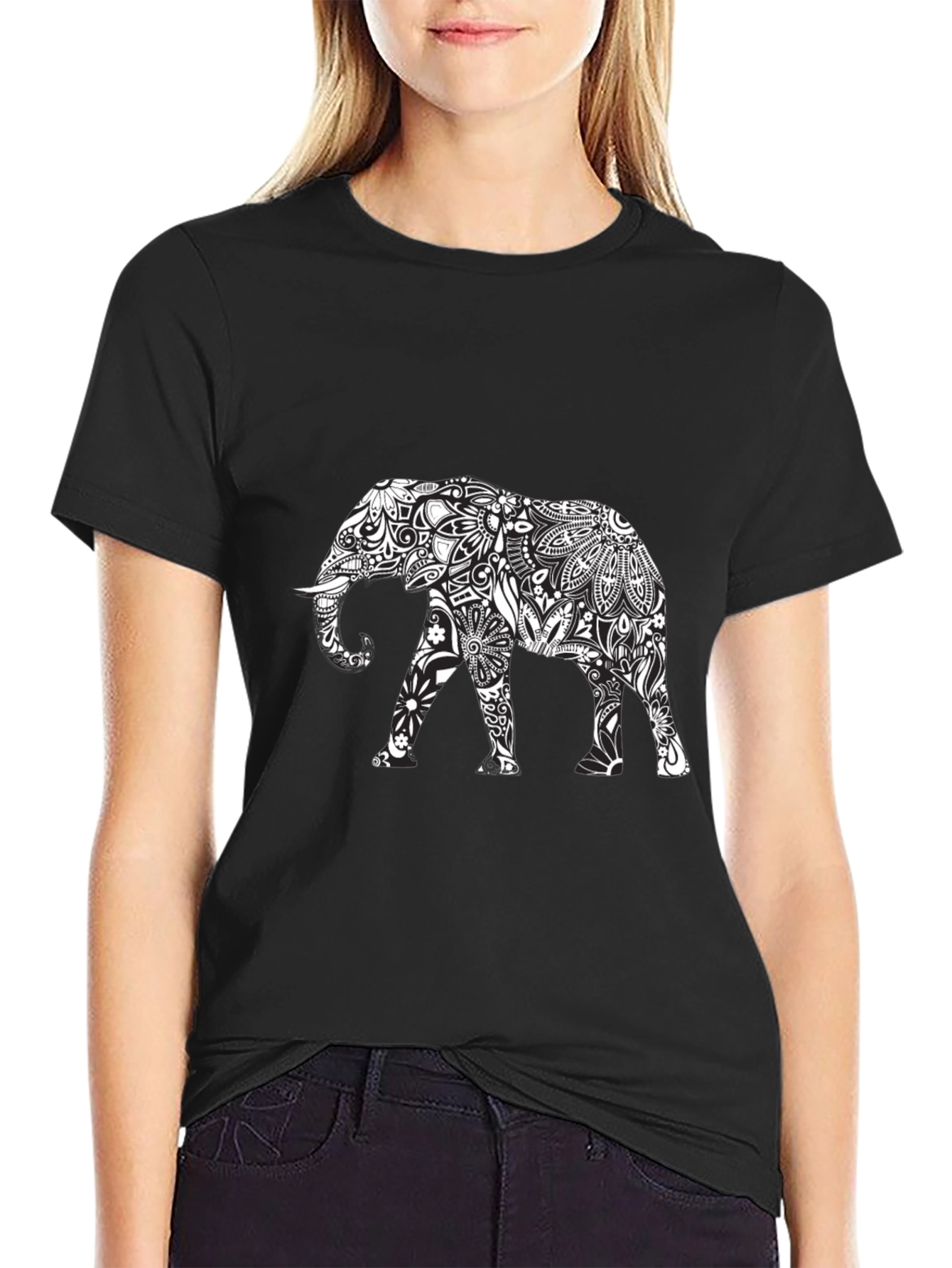 Elephant Mandala Black Tee - Unique Graphic Design