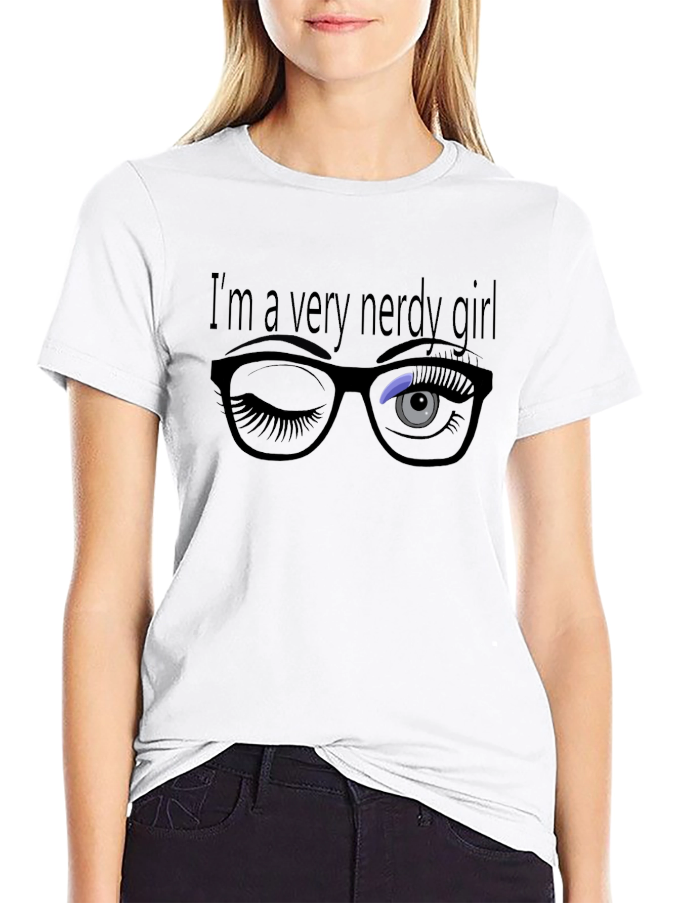 Nerdy Girl Wink Graphic Tee - Black Cotton T-Shirt