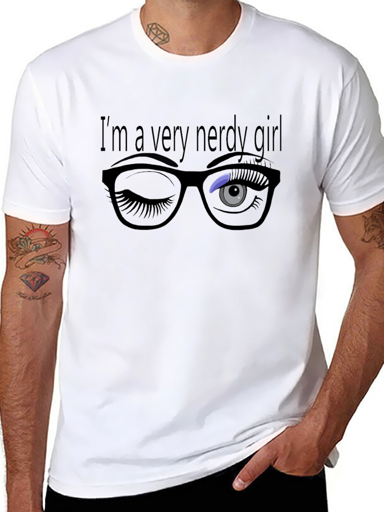 Nerdy Girl Wink Graphic Tee - Black Cotton T-Shirt