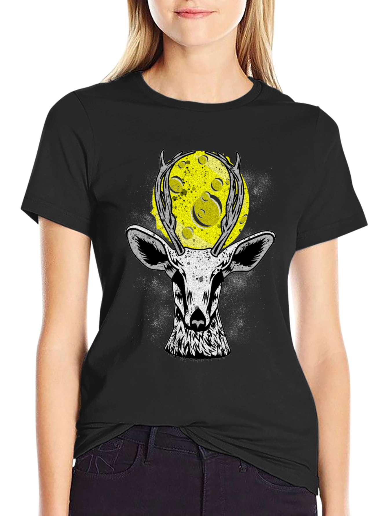 Deer Moon Graphic T-Shirt - Black Cotton Tee