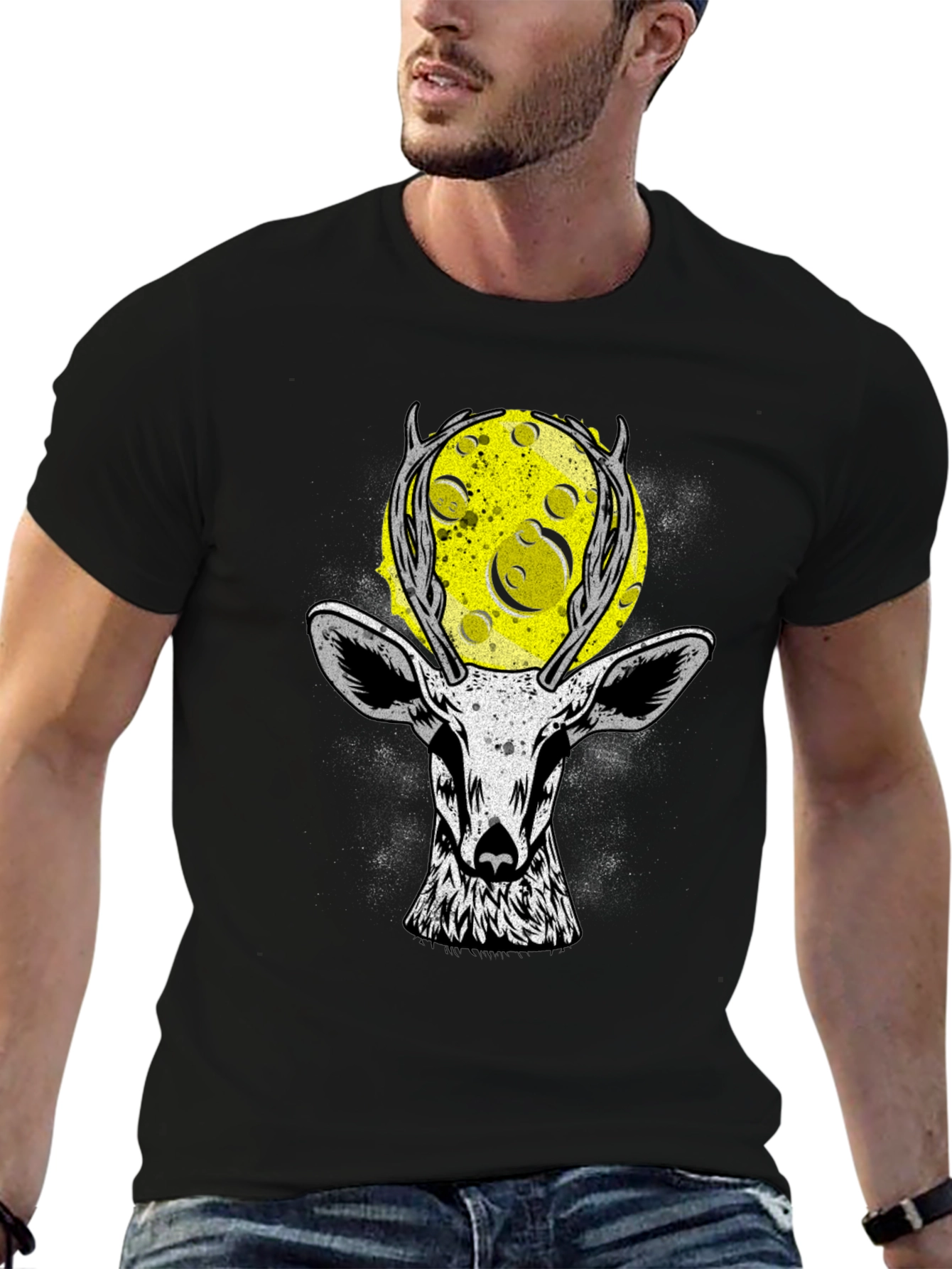 Deer Moon Graphic T-Shirt - Black Cotton Tee