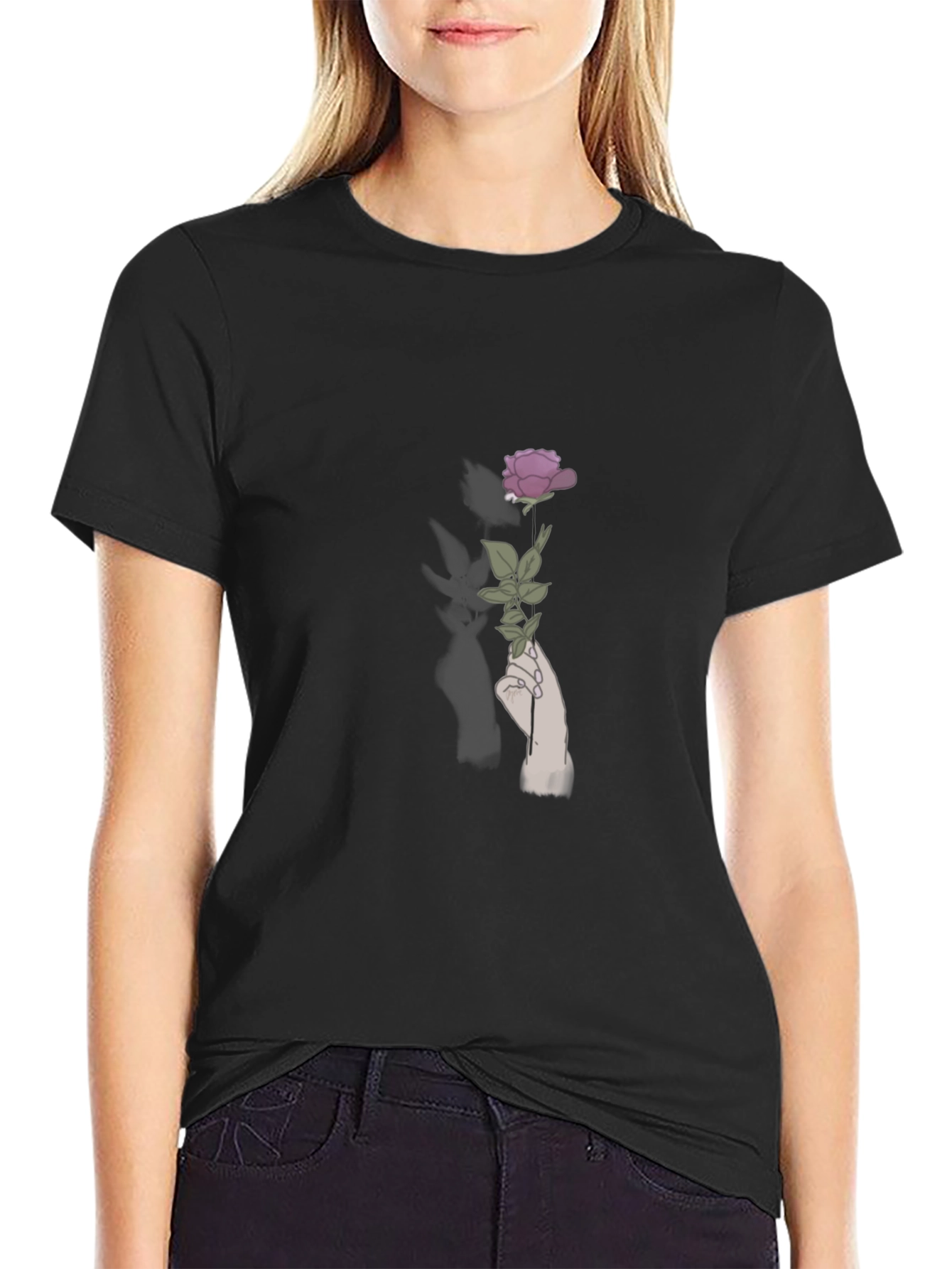 Rose in Hand Graphic Tee - Stylish Black T-Shirt