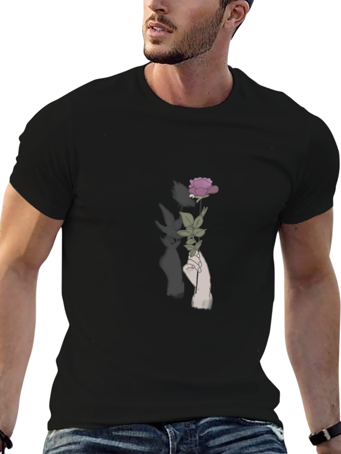 Rose in Hand Graphic Tee - Stylish Black T-Shirt