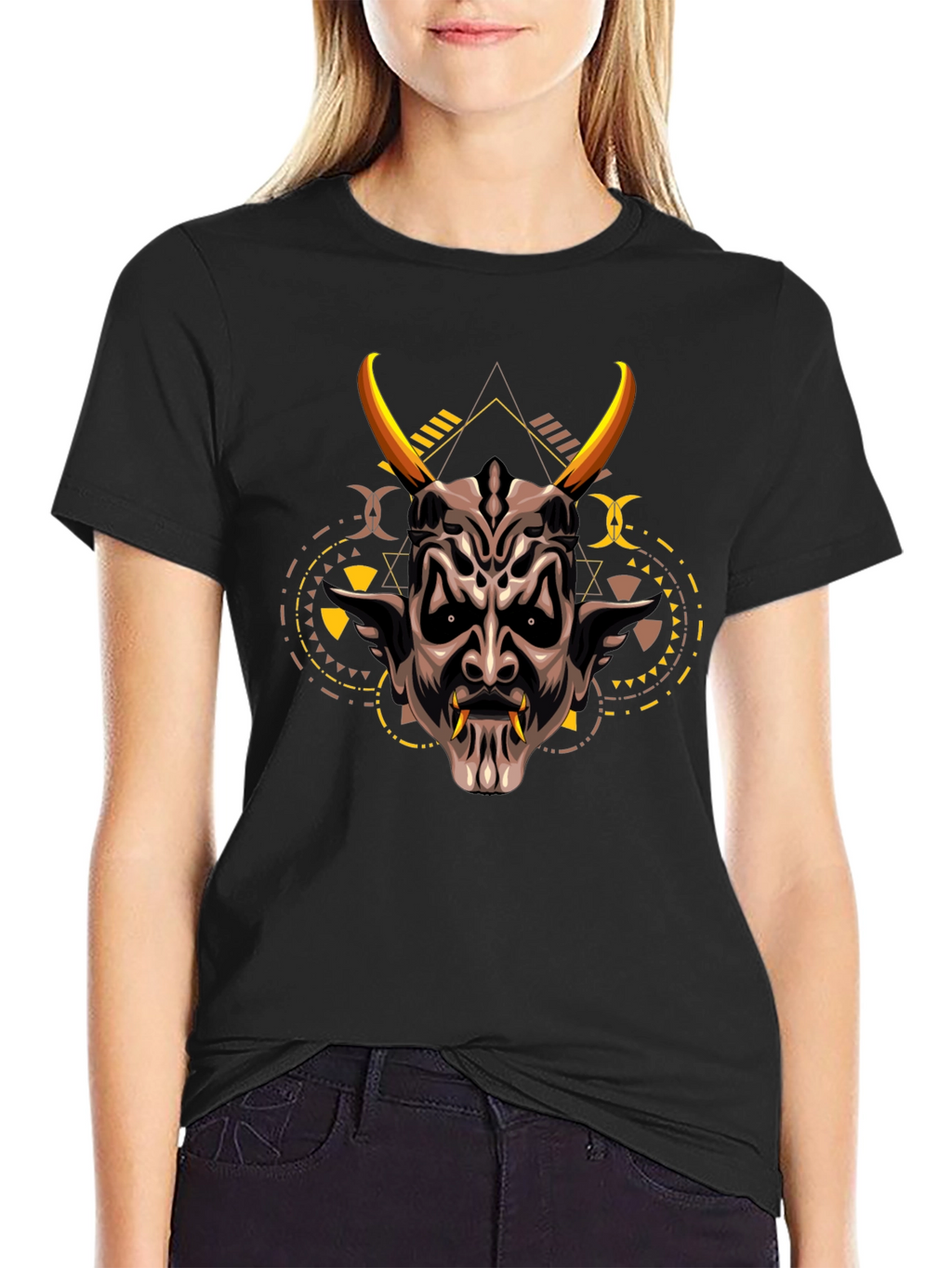 Demon Mask Graphic Print Black T-Shirt